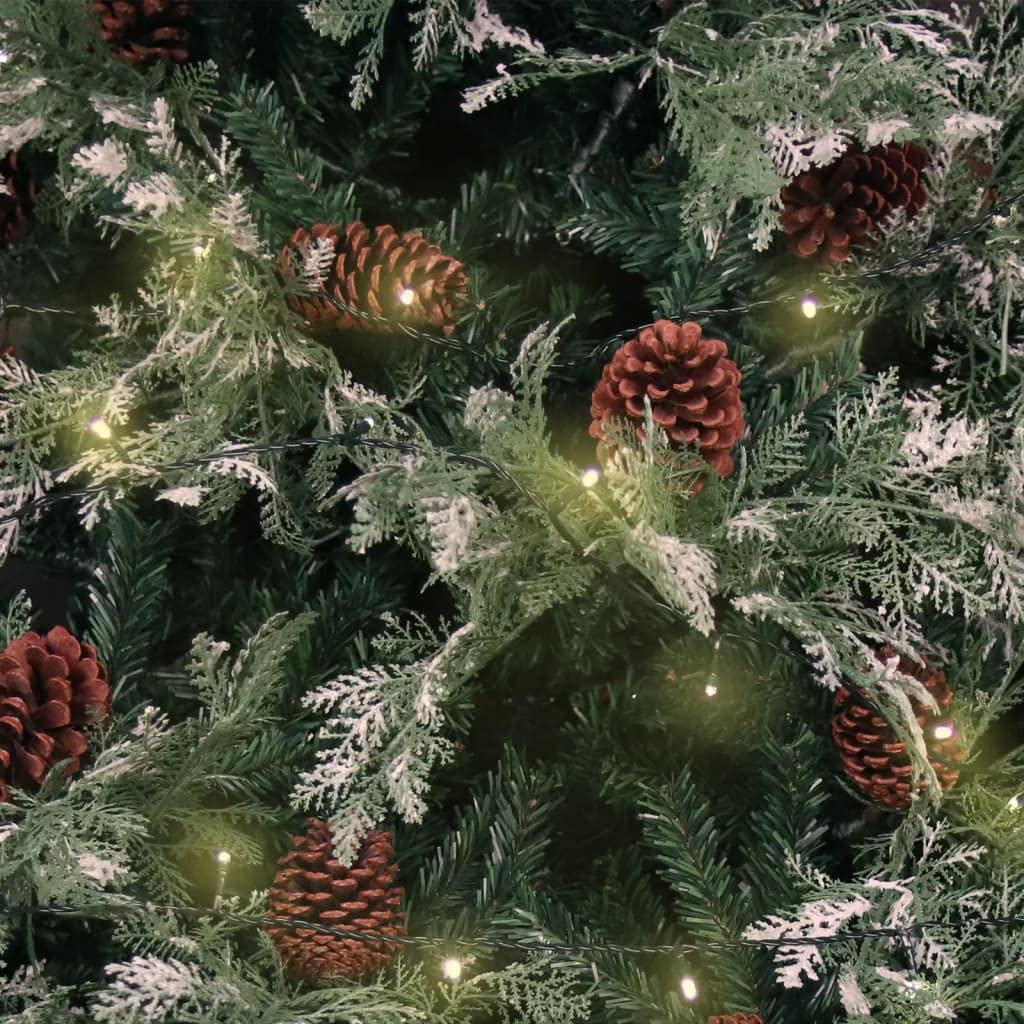 Choinka 225 cm z 300 diodami LED, składana, realistyczna choinka z PCW i PE z szyszkami sosnowymi, śnieg, stabilna do wnętrz, zielona