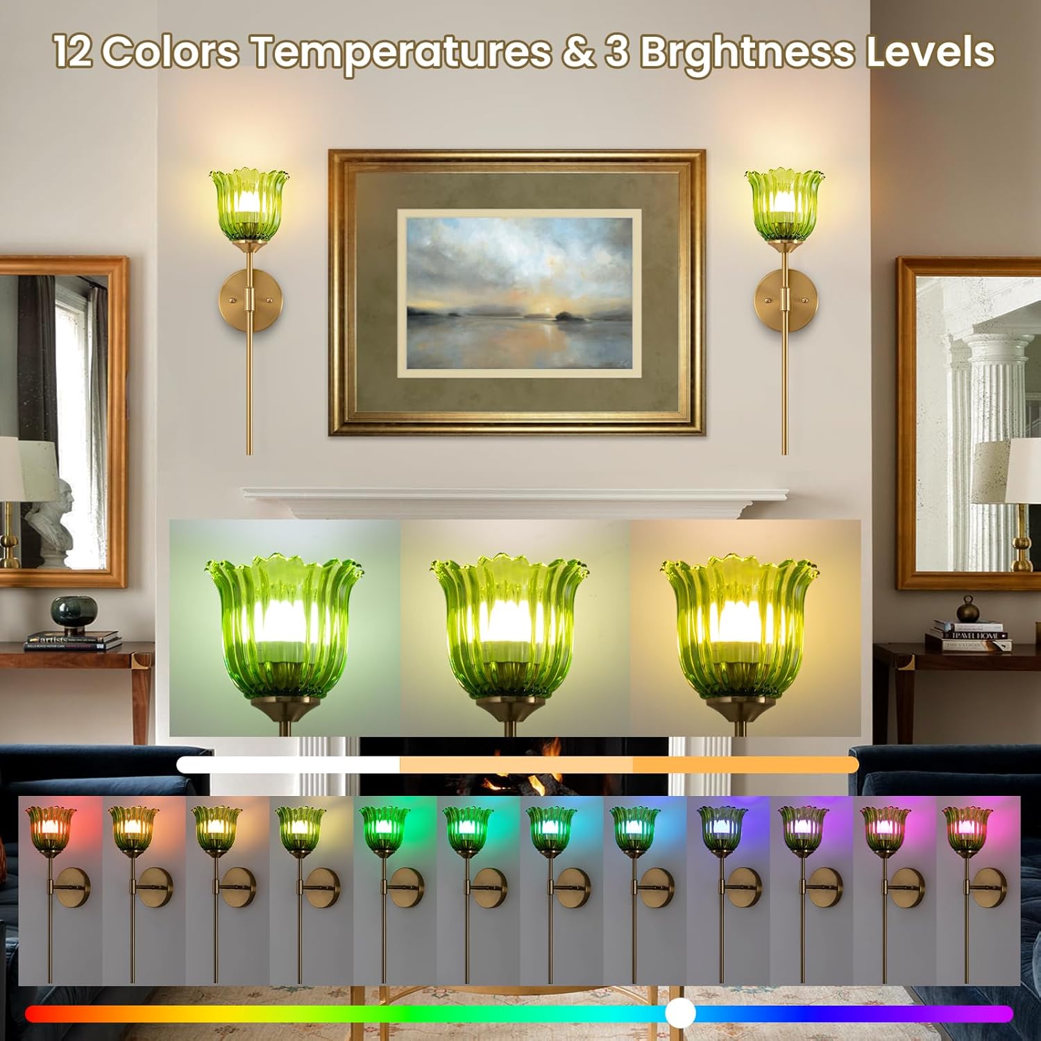 Vintage Battery Operated Wall Sconce,Rechargeable Wireless RGB Wall Lights with Dimmable Remote,Set of 2 Indoor Green Glass Lampshade Fixtures for Bedroom Living Room