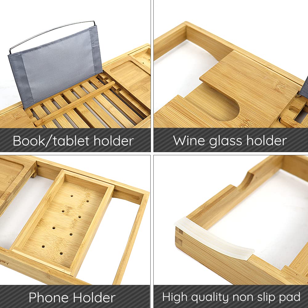Vassoio Per Vasca Da Bagno In Bambù | Regolabile, Con Portabibite E Supporto Libri | Idea Regalo Spa - Foto 2