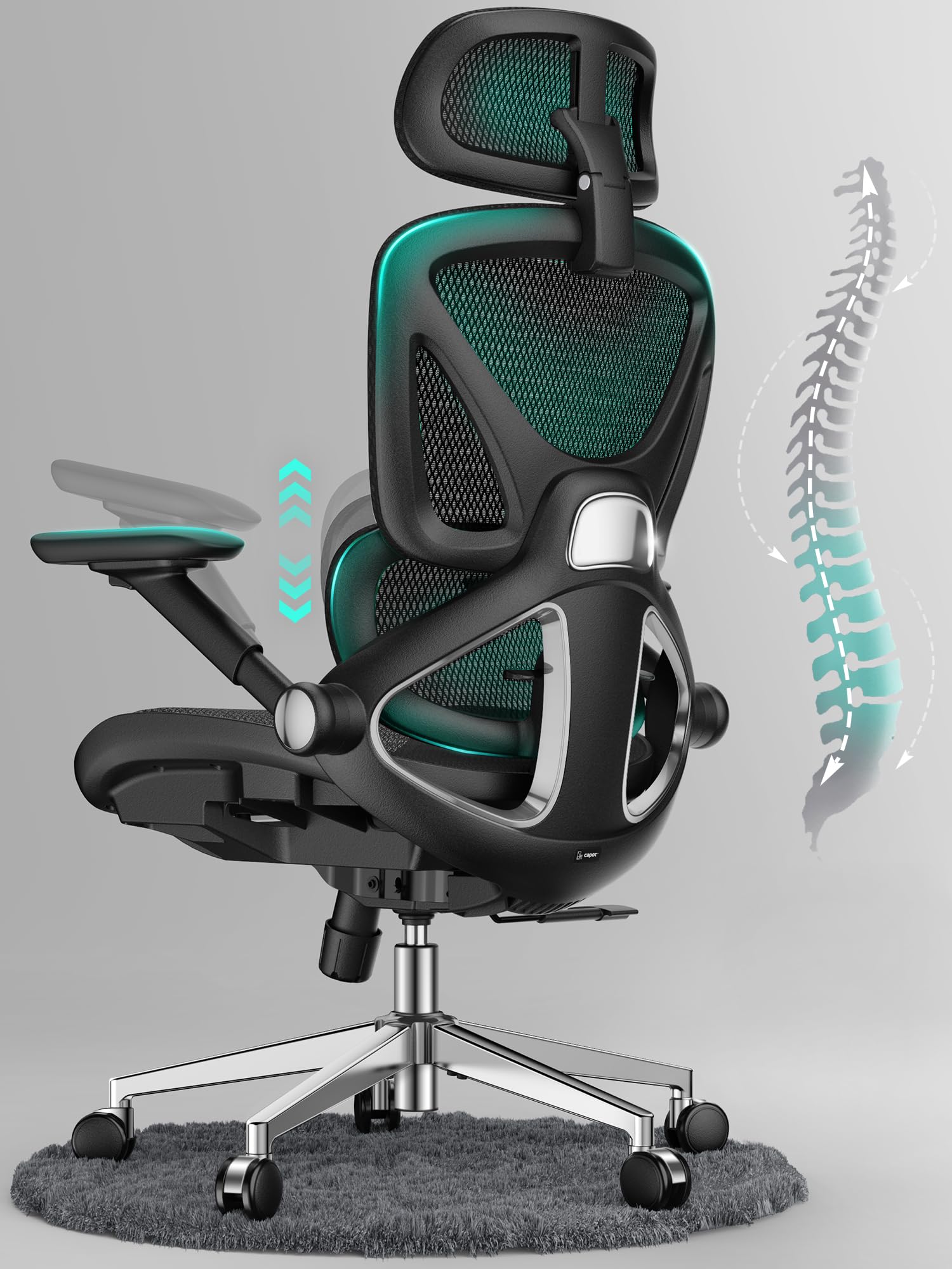 CAPOT Ergonomischer Bürostuhl aus Netzstoff, Verstellbarer Schreibtischstuhl mit hoher Rückenlehne, 180 kg, 4D-Klapparme, 3-stufige Neigungslehne, 3D-Kopfstütze, PU-Räder, drehbarer Computerstuhl für