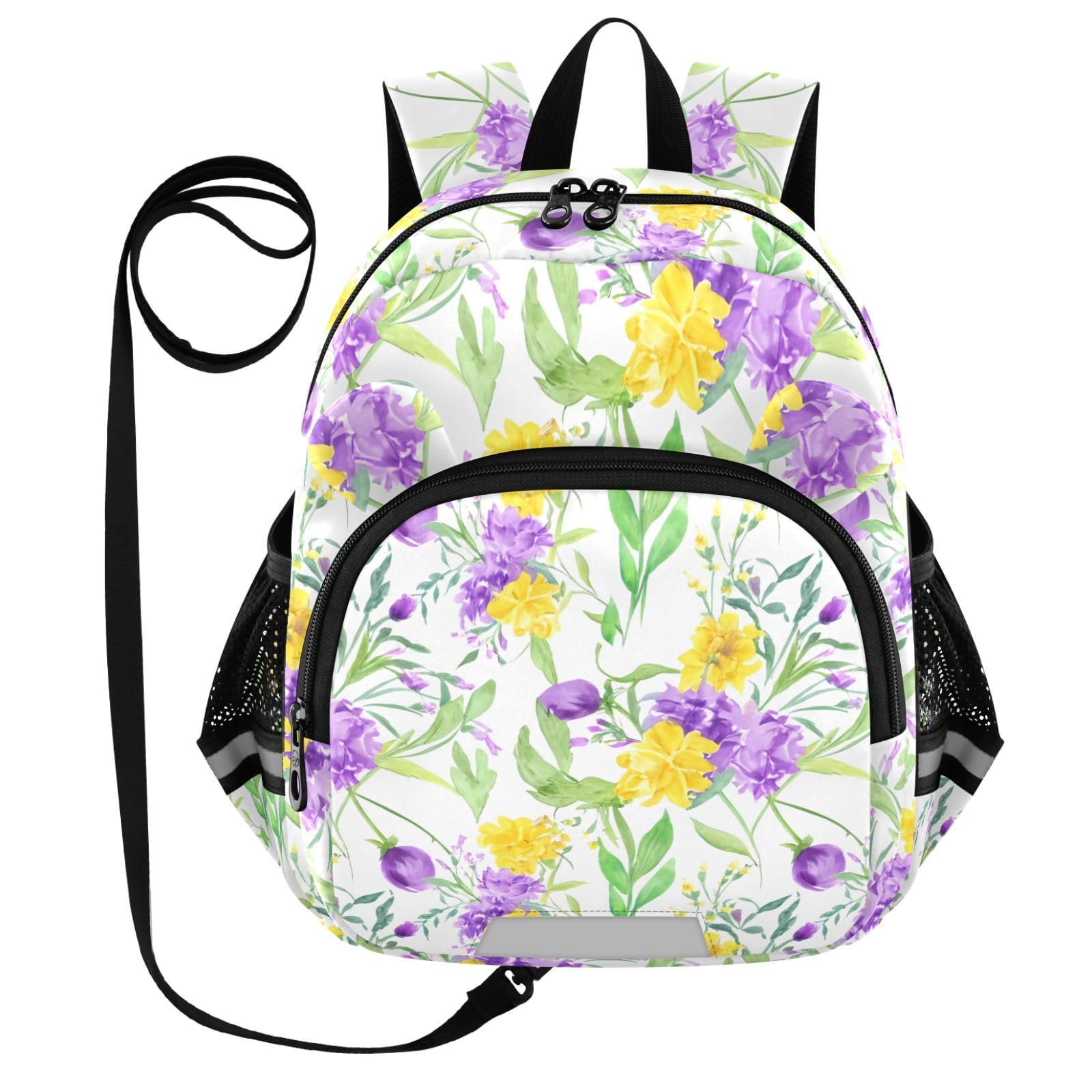 Floral Eggplant Blossom White Toddler Harness Backpack for Boys Girls 3-6 Years Kids Backpack with Anti Lost Safety Leash Baby Harness Bookbag for Preschool Walking Travel