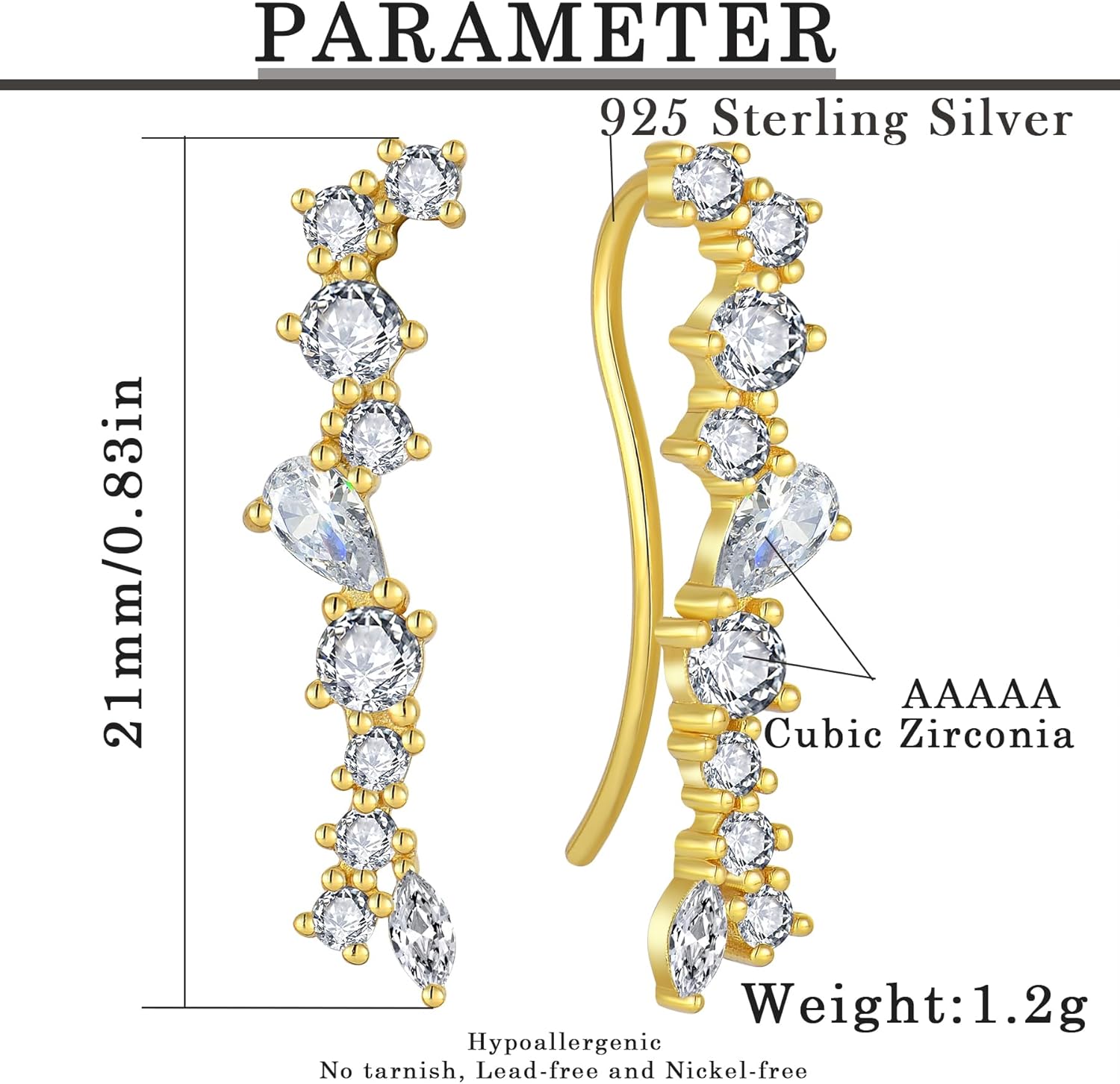 925 Sterling Silver Climber Earrings for Women White/Yellow Gold Plated Cubic Zirconia Ear Crawler Earrings Jewelry - Image 6