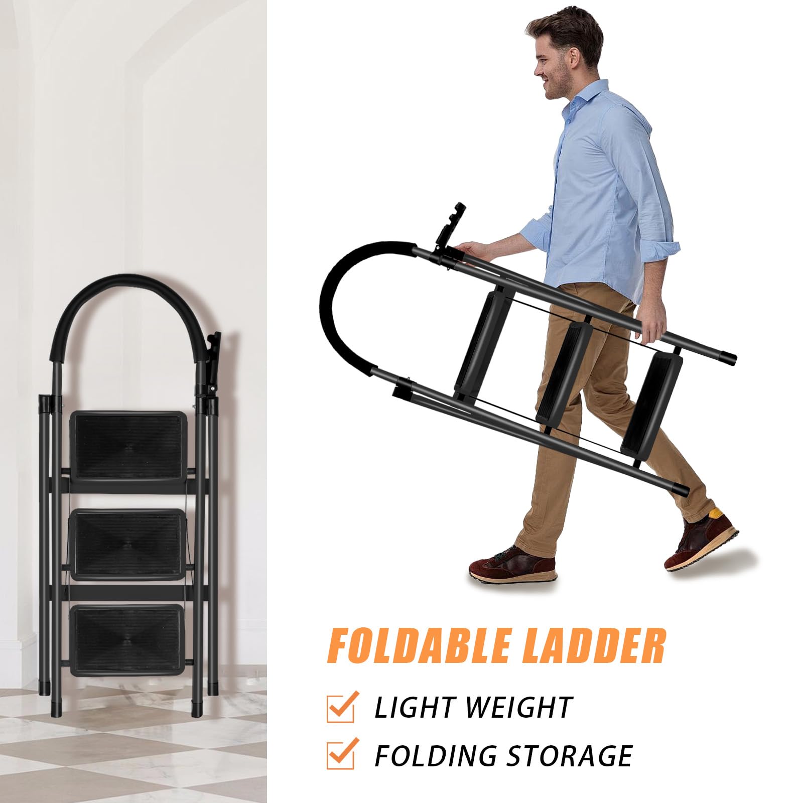 Scaletta multifunzione a 4 gradini, scaletta per uso domestico fino a 200 kg, scala per casa, ufficio, (C) 104 x 57 x 41,5 cm – 3 gradini (nero)
