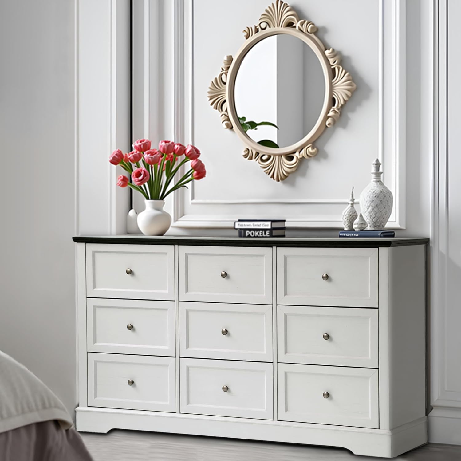 Farmhouse Bedroom Sets of 4, 4Pcs Farmhouse Dresser Set，Including 9 Drawer Dresser, 5 Drawer Dressers and Nightstand Set of 2 with Charging Station (White Sets, 4 Pieces)