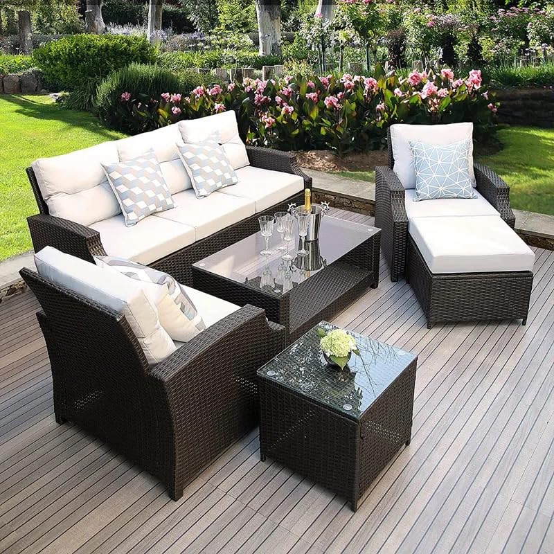 Image of 6PCS Outdoor Patio Furniture Sets,Garden Conversation Wicker Sofa Set,and Patio Sectional Furniture Sofa Set with Coffee Table for Lawn, Backyard, and Poolside (Black and Offwhite)