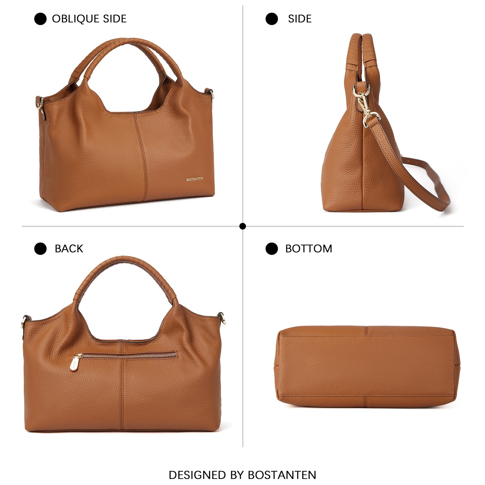 BOSTANTEN Damen Shopper Leder Handtasche Hobo taschen Top Griff Schultertasche Frauen Umhängetasche mit verstellbarem Riemen,Braun