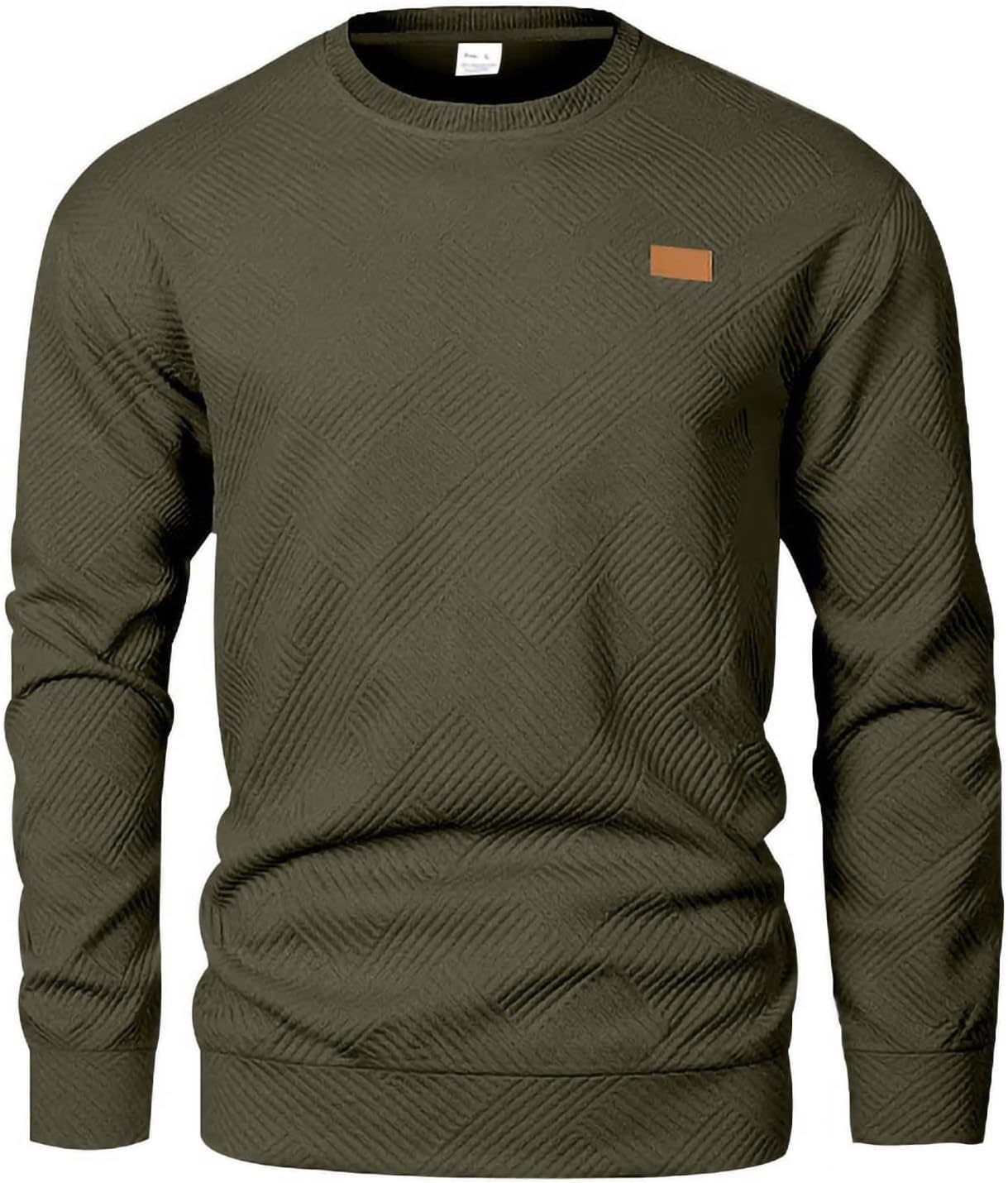 Men Textured Crewneck Sweatshirts Long Sleeve Casual Sweaters | Geometric Quilted Pattern, Small Chest Patch, Relaxed Fit Pullovers, Modern Urban Streetwear, Midweight Warm Layer
