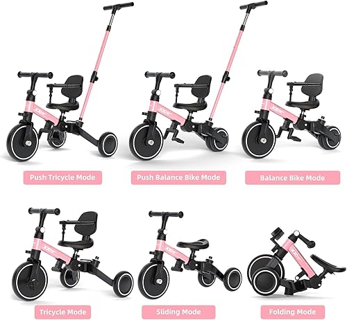 Miniatura 2 de XJD Bicicleta para niños pequeños, triciclo plegable 6 en 1 para niños de 1 a 4 años con mango de control parental, bicicleta de equilibrio con