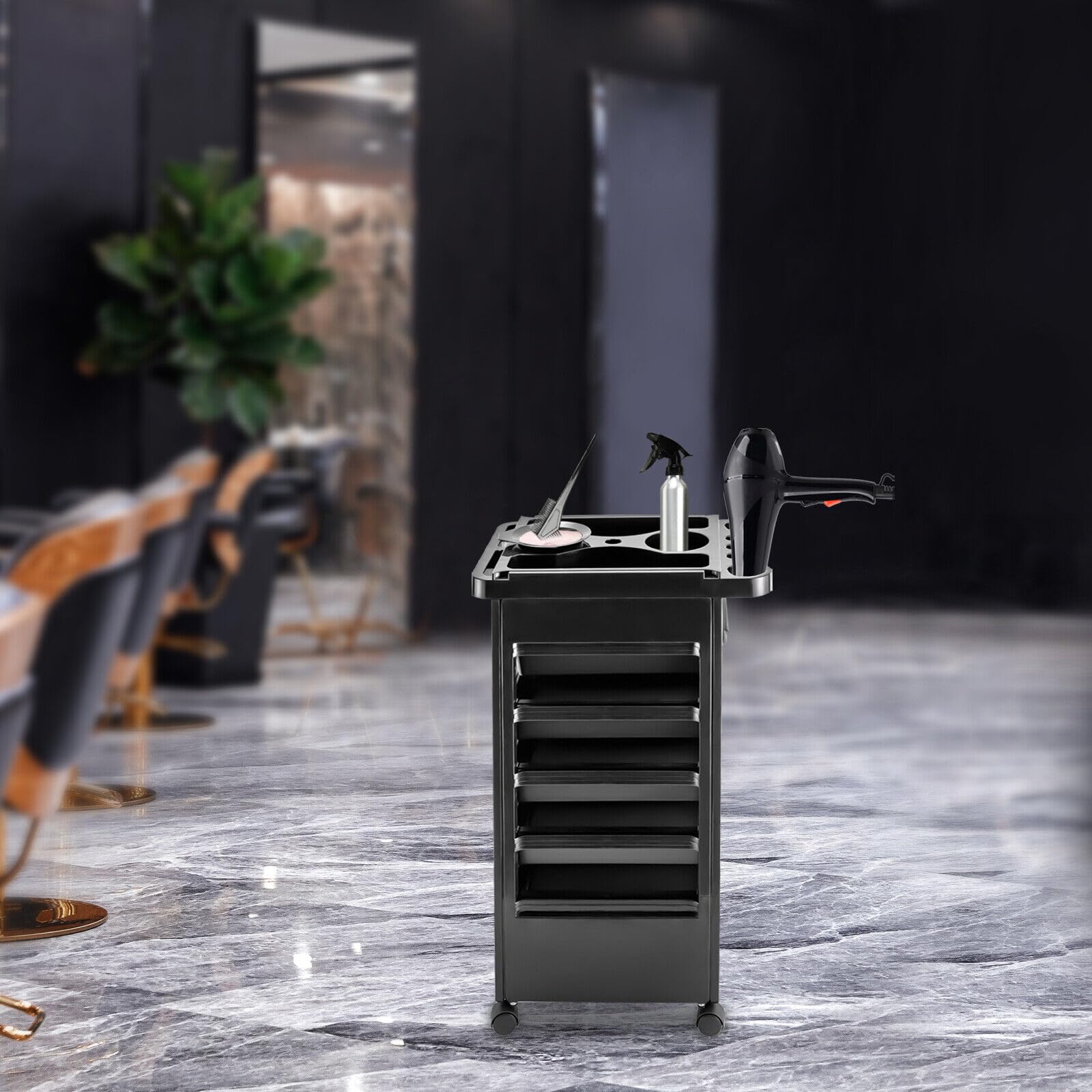 Carrello da Parrucchiere impilabile con Ruote Nere per Salone di Bellezza con 5 cassetti, Porta asciugacapelli e 4 Ruote 50 x 32 x