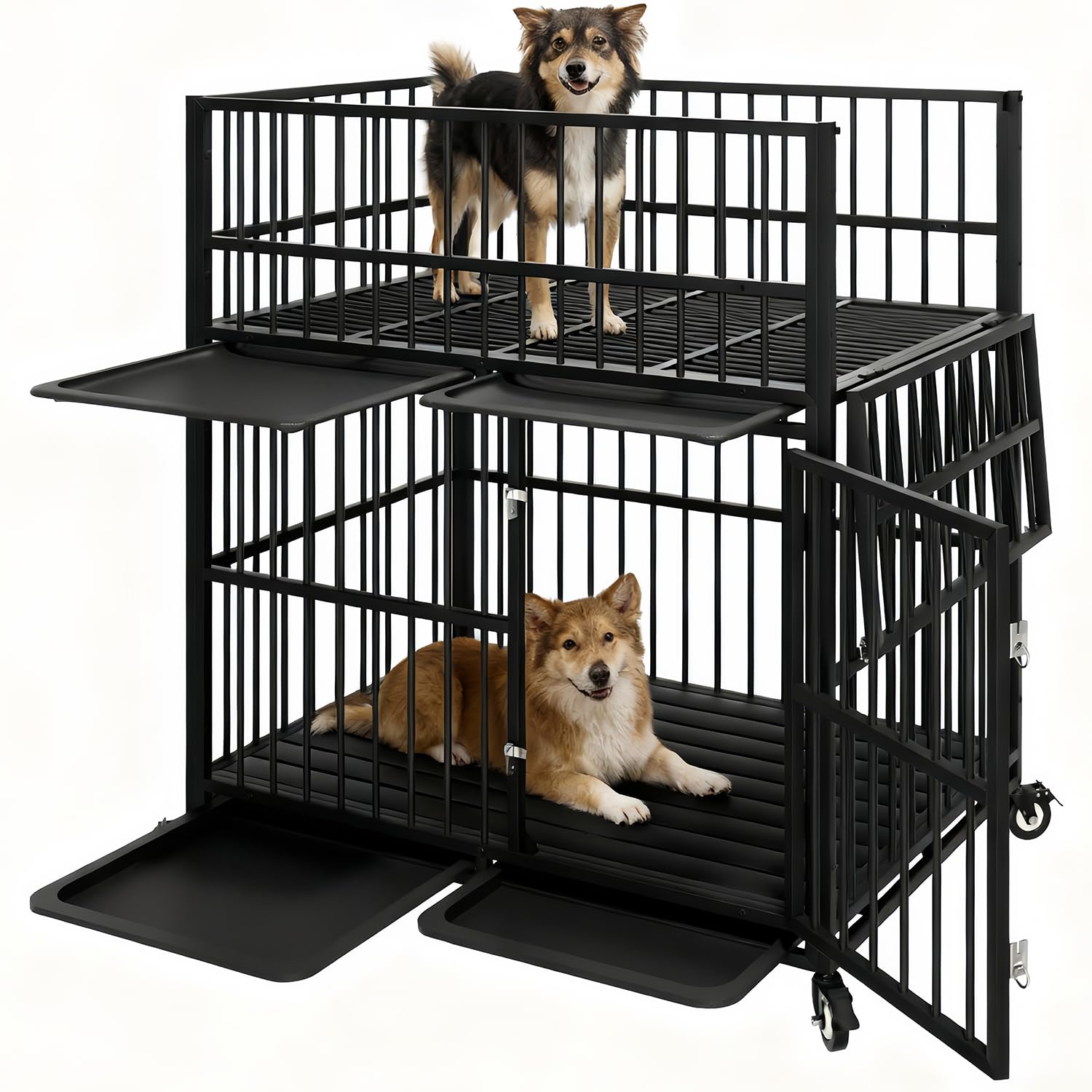 48'' Double Layer Heavy Duty Dog Crate - Indestructible Kennel Reinforced 0.8'' Steel Tube for Breeding & Mother/Puppy with 4 Removable Trays & 4 Wheels