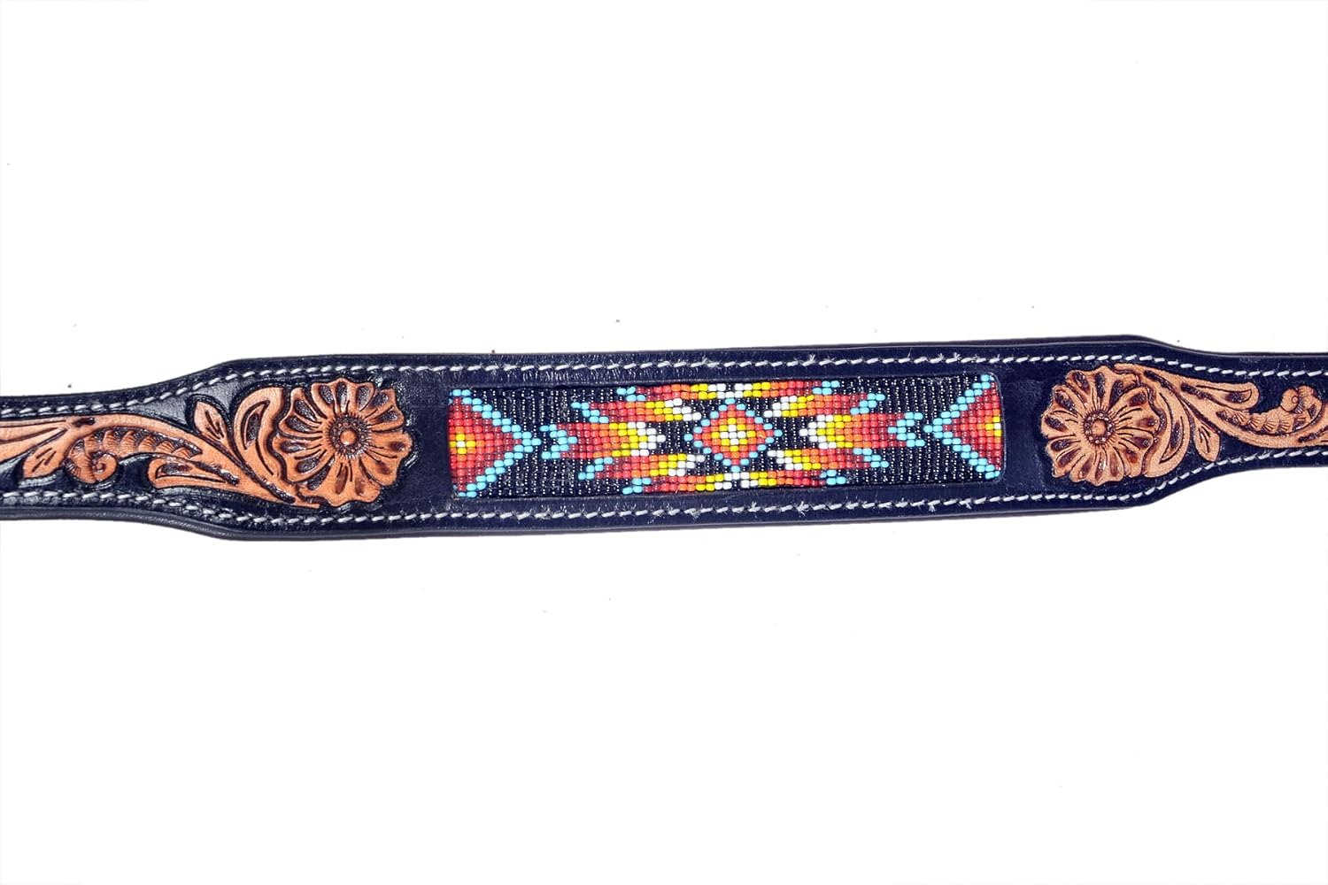 Leather Dog Collar Medium Size Western Style Heavy Duty Hand Tooled Adjustable Beaded and Padded Soft for Puppies and Big Dogs 10IS010-M