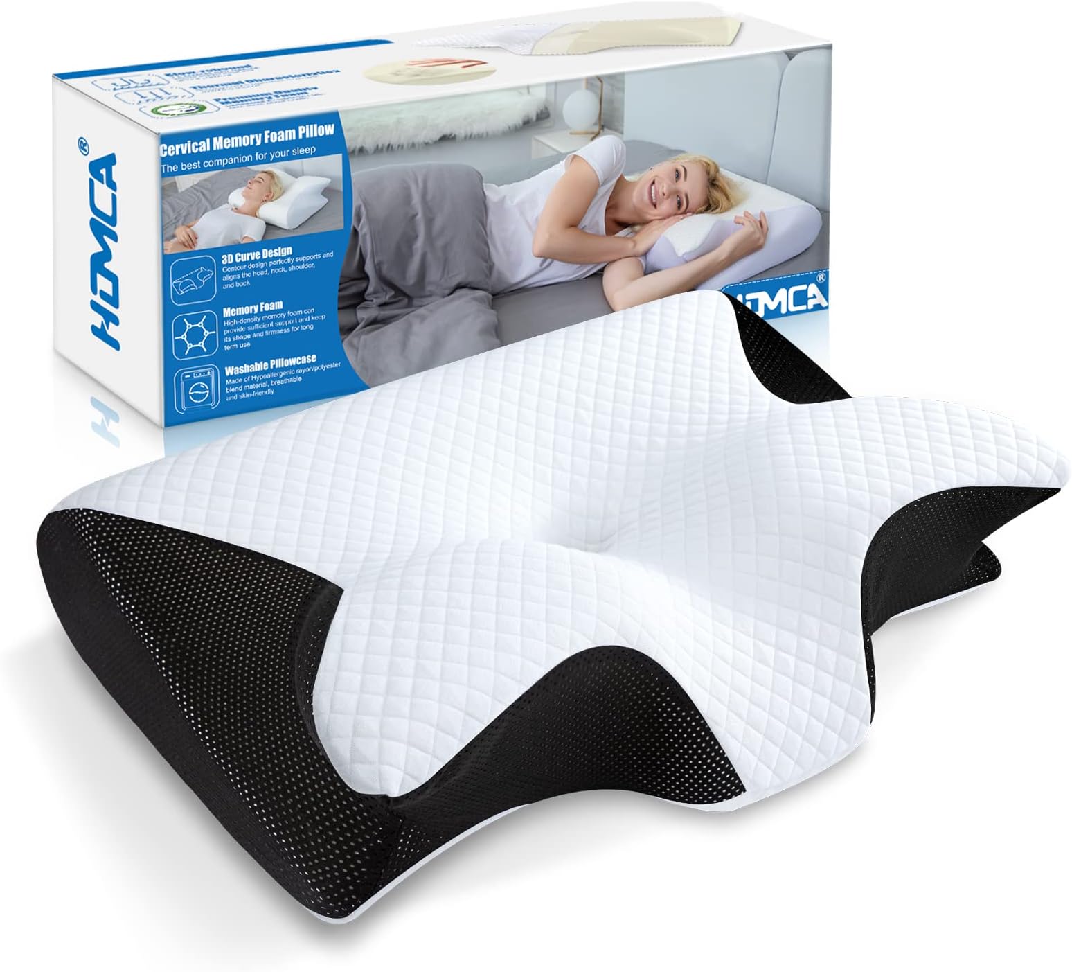 HOMCA Memory Foam Cervical Pillow, 2 in 1 Ergonomic Contour Orthopedic Pillow for Neck Pain, Contoured Support Pillows for Side Back Stomach Sleepers