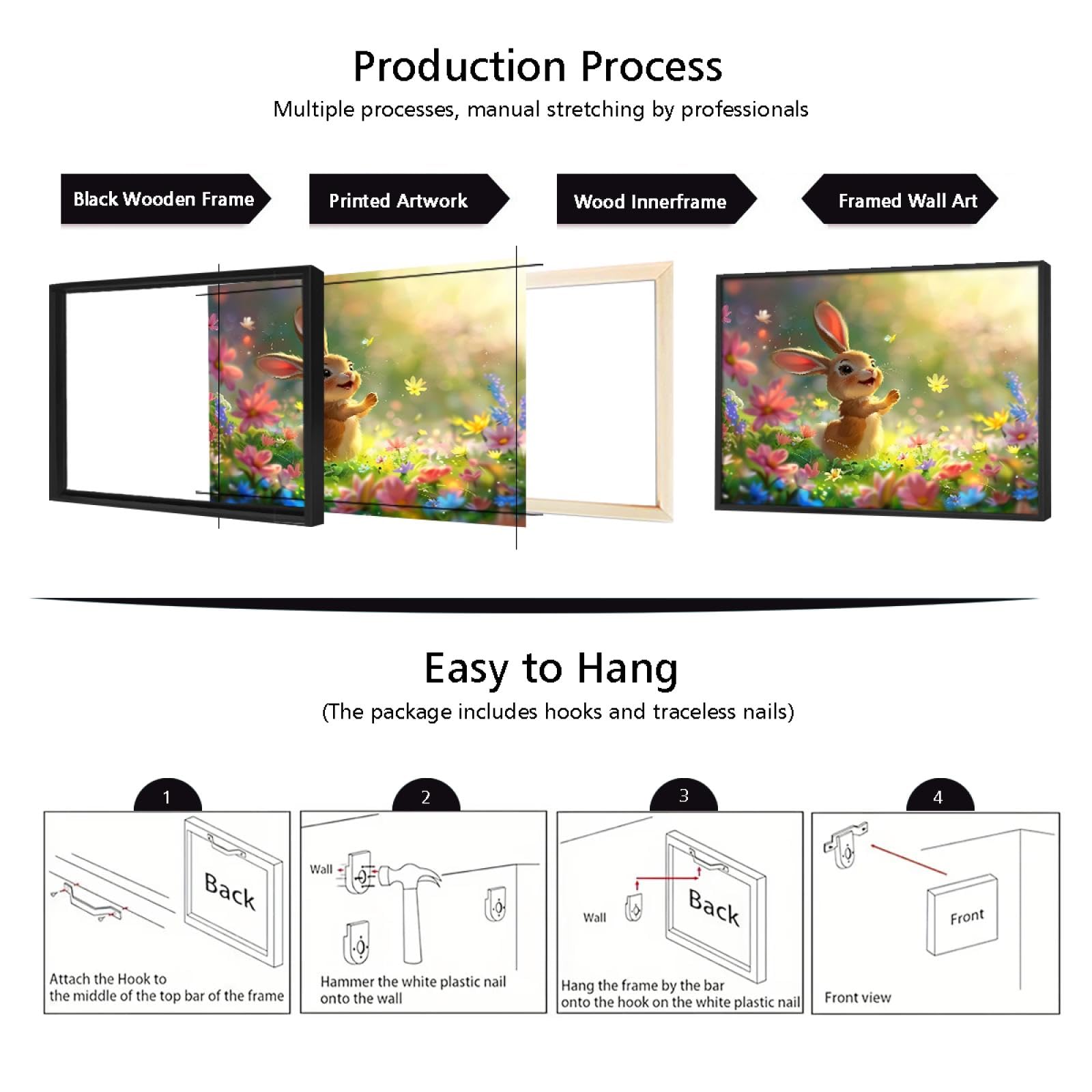 Via Vela Mignon Lapin Floral Toile Art Mural Vibrant Animal Images Nature Paysage Oeuvre d’art Impressions Lapin Jardin Affiche Peinture pour Bureau Décor 40x60cm avec Cadre Noir