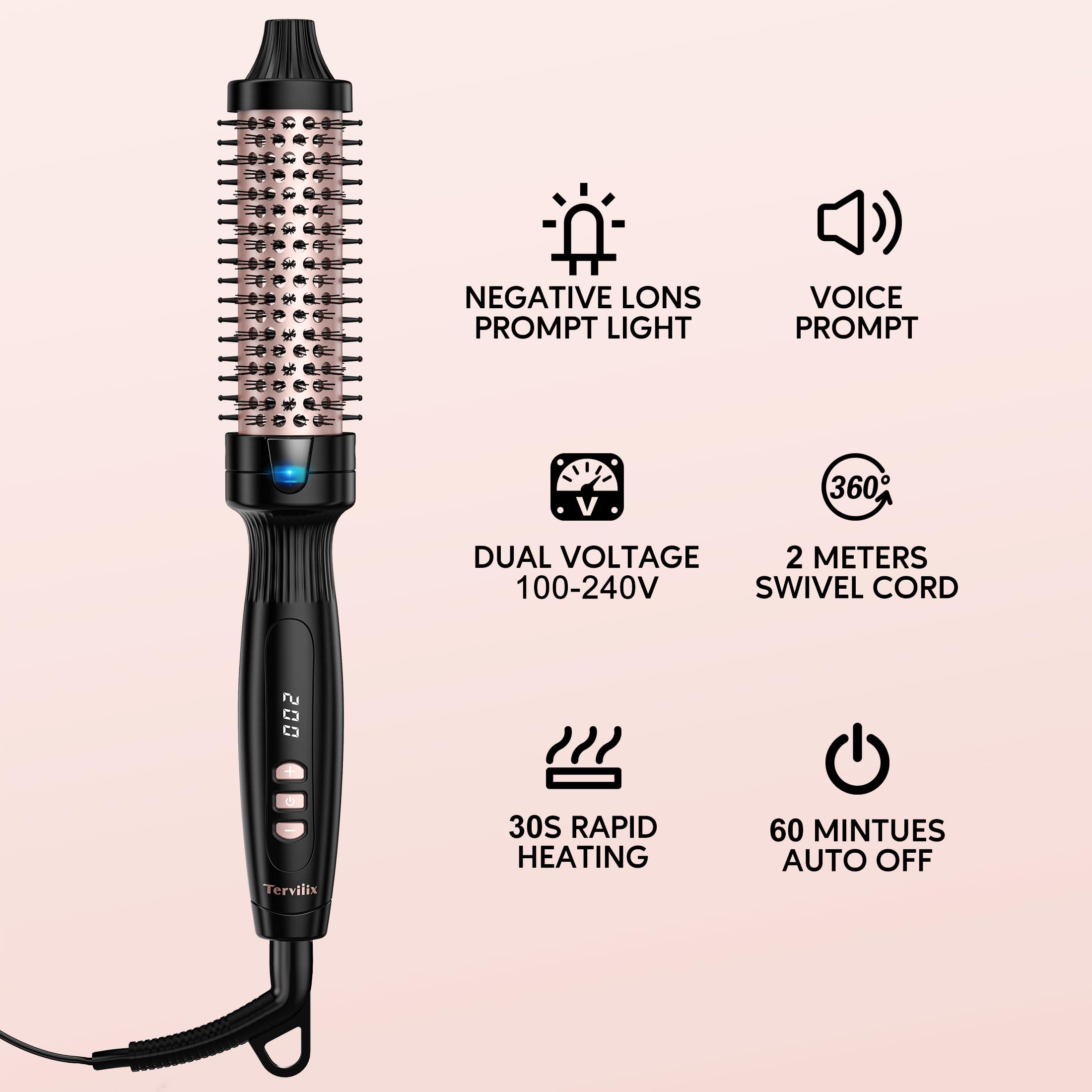 Terviiix cepillo de pelo caliente, queratina proteger barril calentado cepillo térmico, iónico suave brillo volumizar peine, doble voltaje alisador de pelo rizador herramienta de peinado 32mm