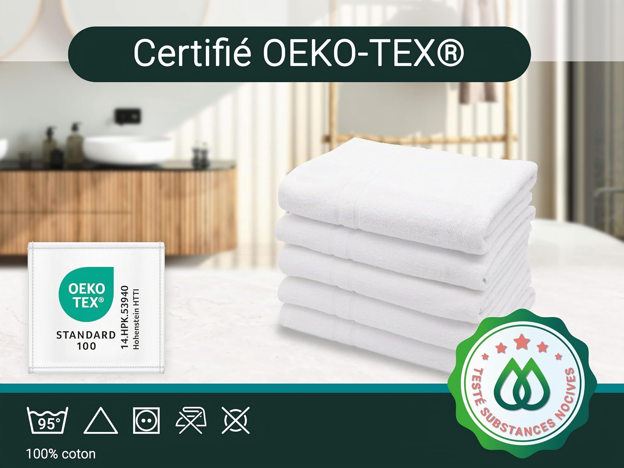 ZOLLNER Lot de 5 Serviettes de Douche en 70x140 cm - Coton - Éponge torsadée Haut de Gamme - Blanc - Qualité hôtelière - Certifié Oeko Tex®