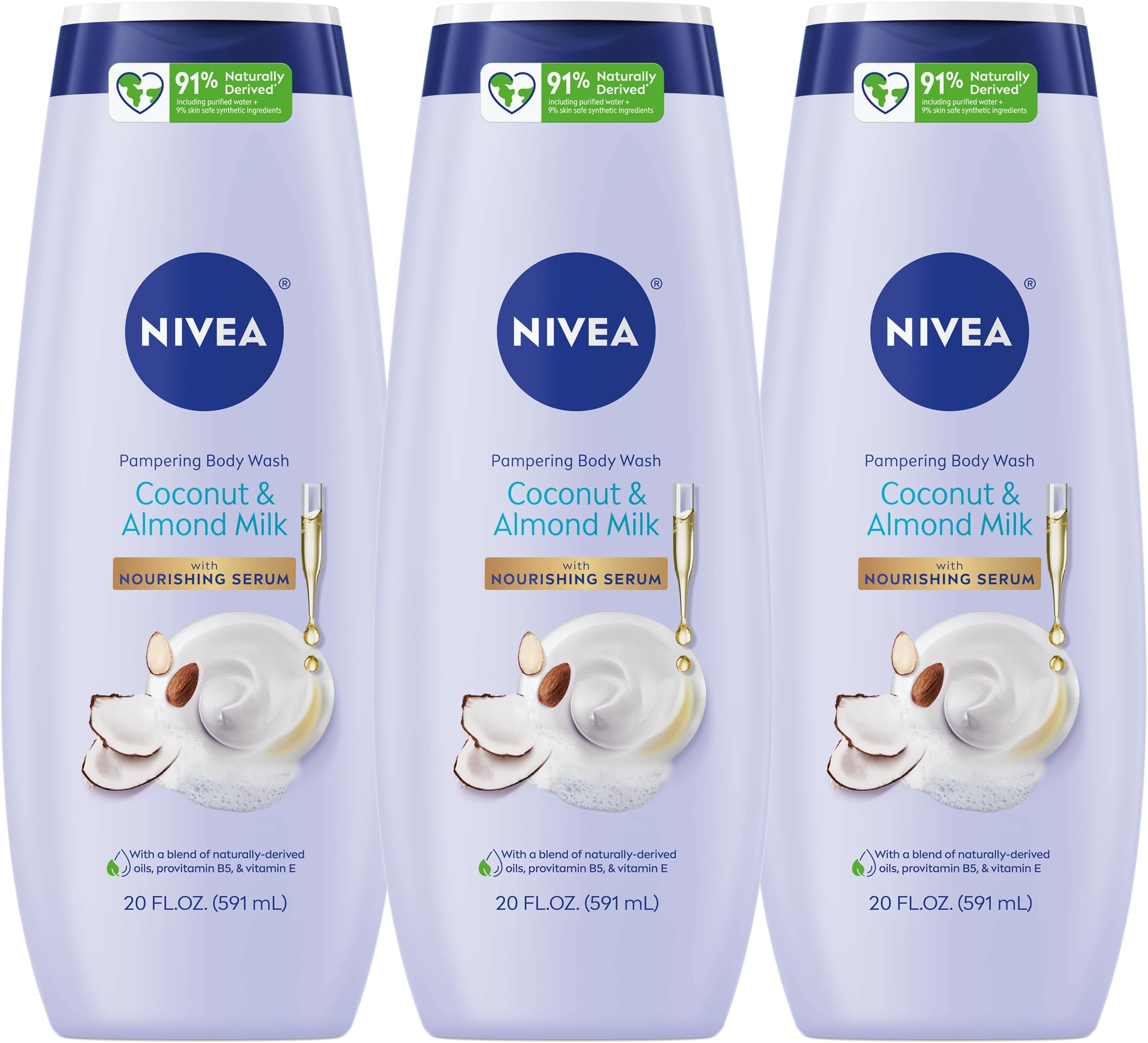NIVEA Pampering Coconut and Almond Milk Body Wash, Multipack, 3 x 20 FL OZ