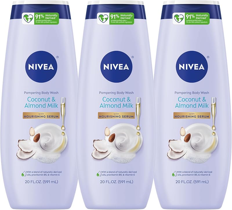 NIVEA Pampering Coconut and Almond Milk Body Wash, Multipack, 3 x 20 FL OZ | Moisturizing Body Wash for Dry Skin with Nourishing Serum, Enriched with Provitamin B5 and Vitamin E, Paraben Free