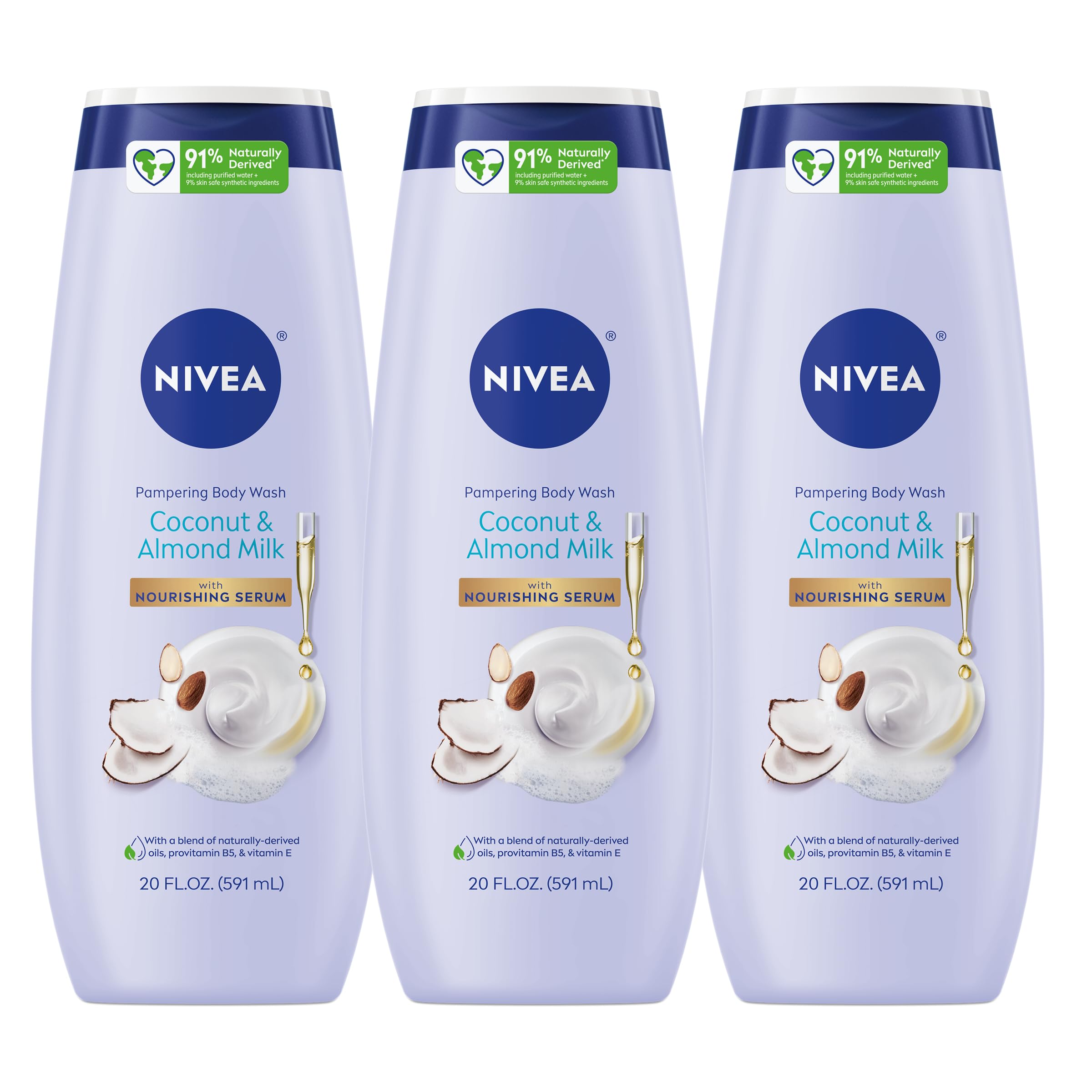 NIVEA Pampering Coconut and Almond Milk Body Wash with Nourishing Serum, Moisturizing Body Wash for Women, Enriched with Provitamin B5 and Vitamin E, 20 Fl Oz Bottle, Pack of 3