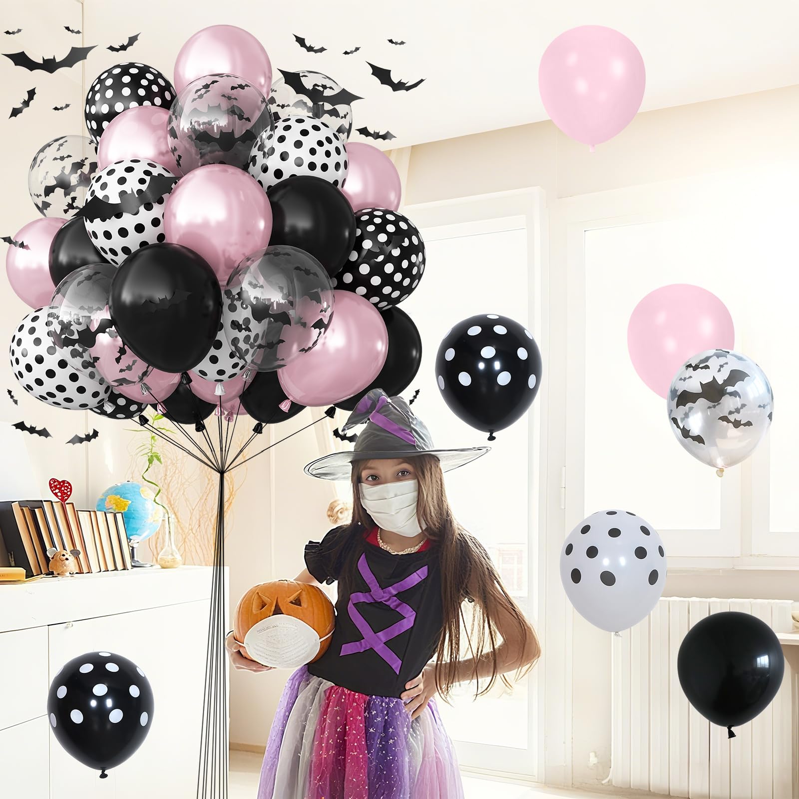 Balony na Halloween, różowy i czarny balon z naklejkami 3D, nadruk nietoperza, balony i balon w kropki, dla dziewcząt, noc, różowy, Halloween, duch, straszne urodziny, baby shower, dekoracja na
