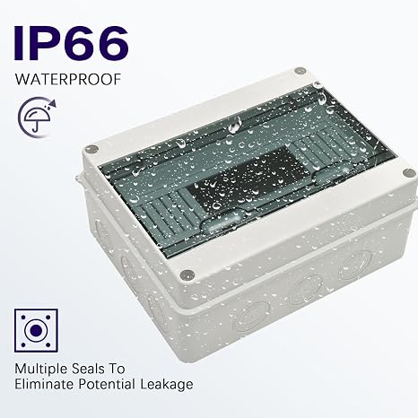 12 Way Distribution Protection Box,ABS/PC Alloy Plastic Transparent Cover Circuit Breaker Box IP66 Waterproof Distribution Box with DIN Rail and Waterproof Connector