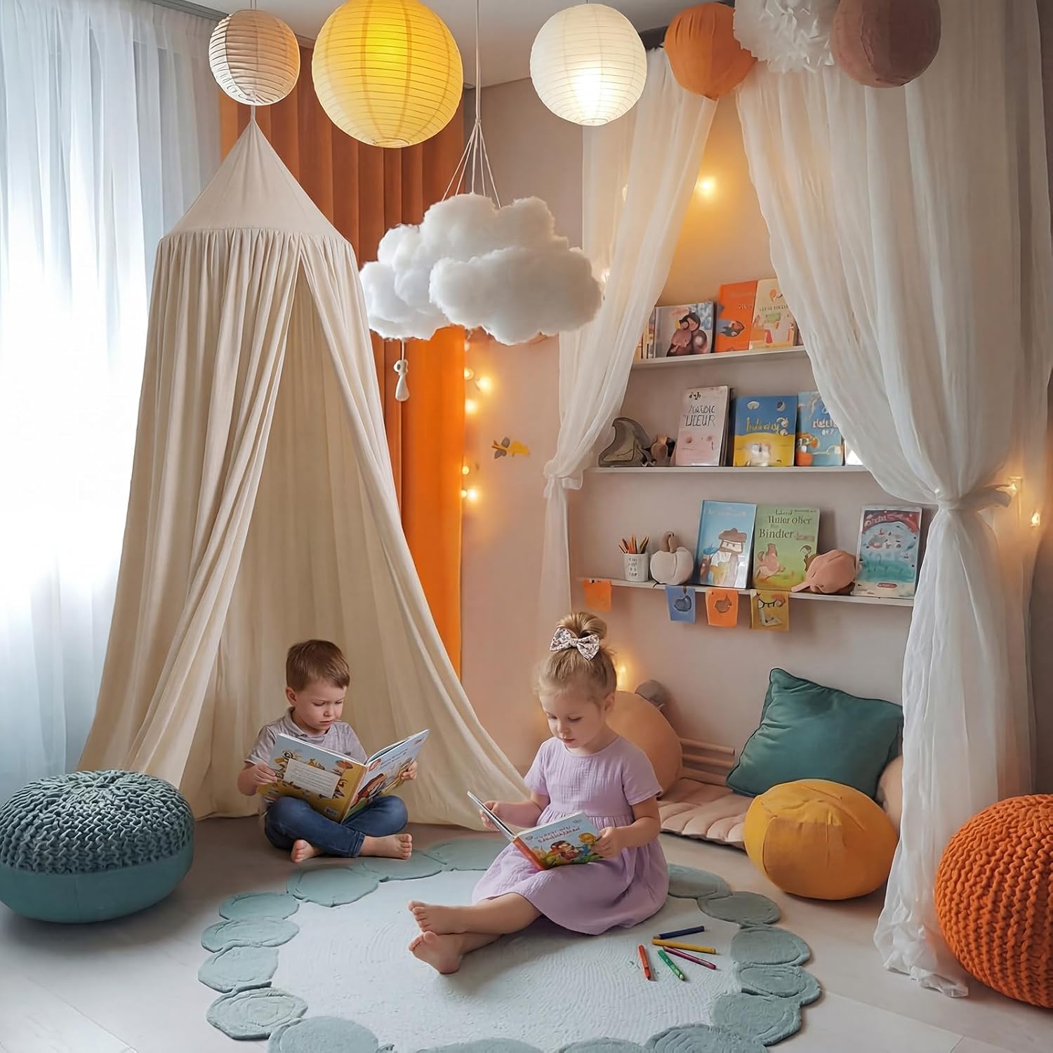 Beige Bed Canopy Round Dome Hanging Tent for Girls Bedroom Nook