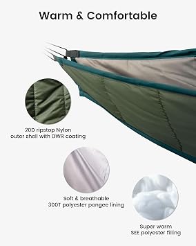 OneTigris Night Protector Ultralight Hammock Underquilt, Full Length Camping Quilt for Hammocks Warm 3-4 Seasons, Weighs only 25oz, Great for Camping Hiking Backpacking Traveling Beach