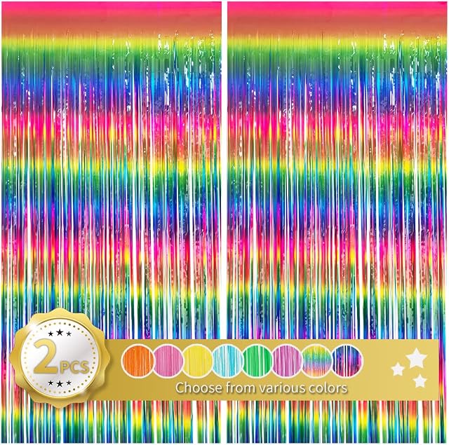 BEISHIDA 2 Pack Dark Rainbow Colorful Foil Fringe Curtain, Assort Color Tinsel Metallic Curtains Photo Backdrop for Birthday Party Wedding Engagement Bridal Shower