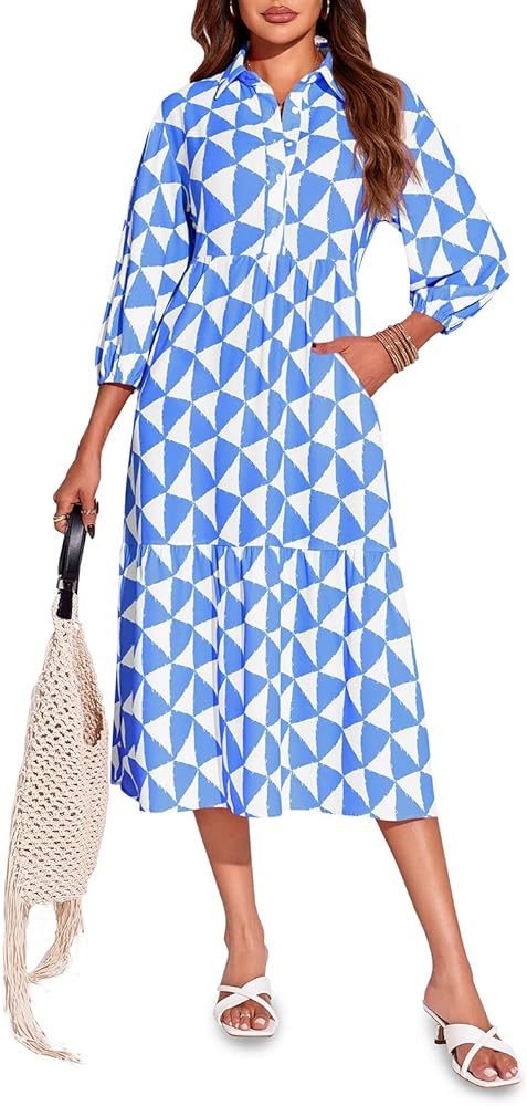 Wenrine Womens Boho Midi Dress Long Sleeve Casual Color Block Beach Button  Down Shirt Dress Blue at Amazon Women's Clothing store