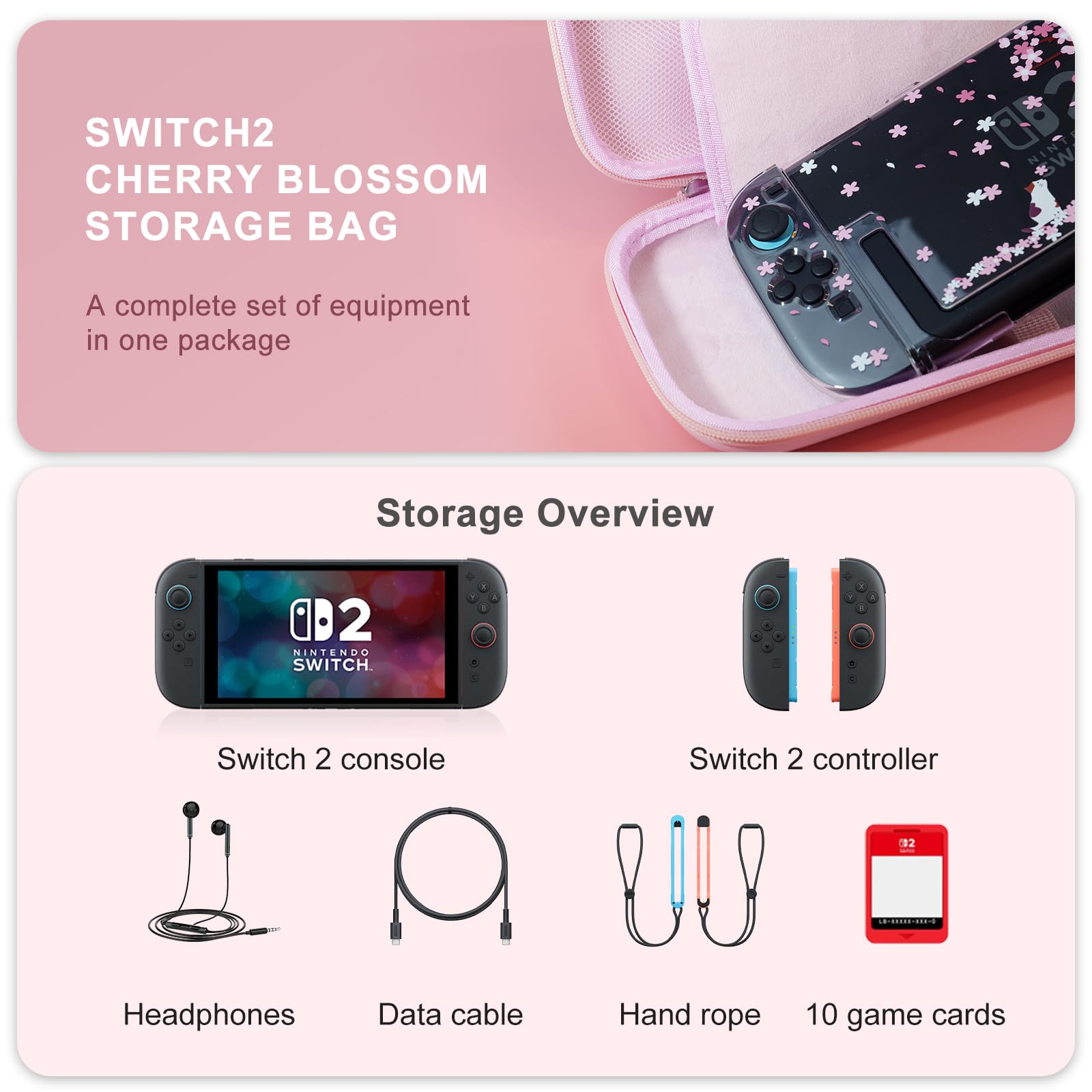 HLRAO Étui rose compatible avec Nintendo Switch OLED 2021,coque rigide Sakura Design, étui de rangement portable solide, antichoc, avec protection d'écran en verre HD et 4 capuchons Sakura Thumb Grip.