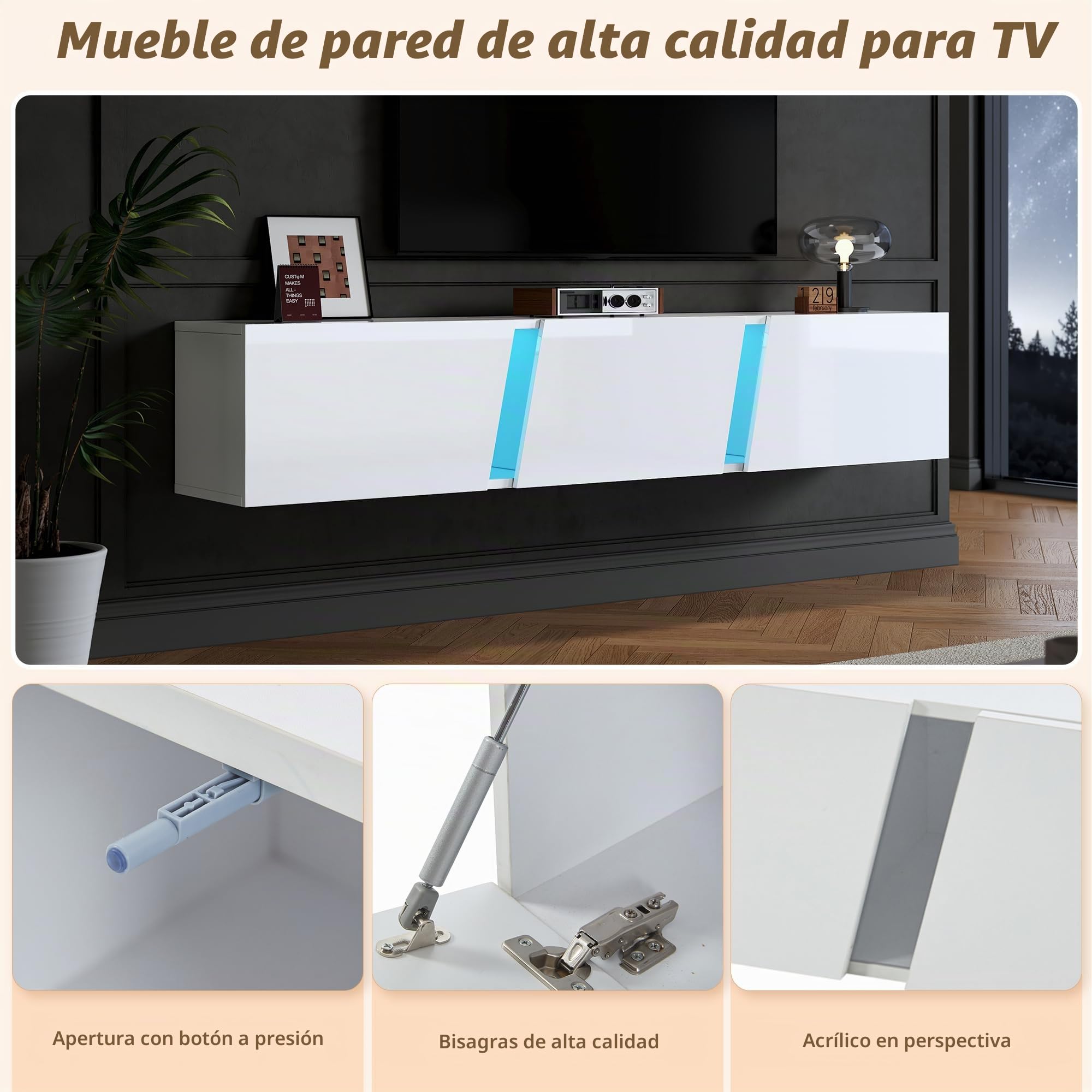 Merax Mueble bajo para TV, color blanco brillante con iluminación LED, mueble de TV con puerta plegable, soporte para TV de 75 pulgadas, estante de TV montado en la pared, 180 cm, para salón