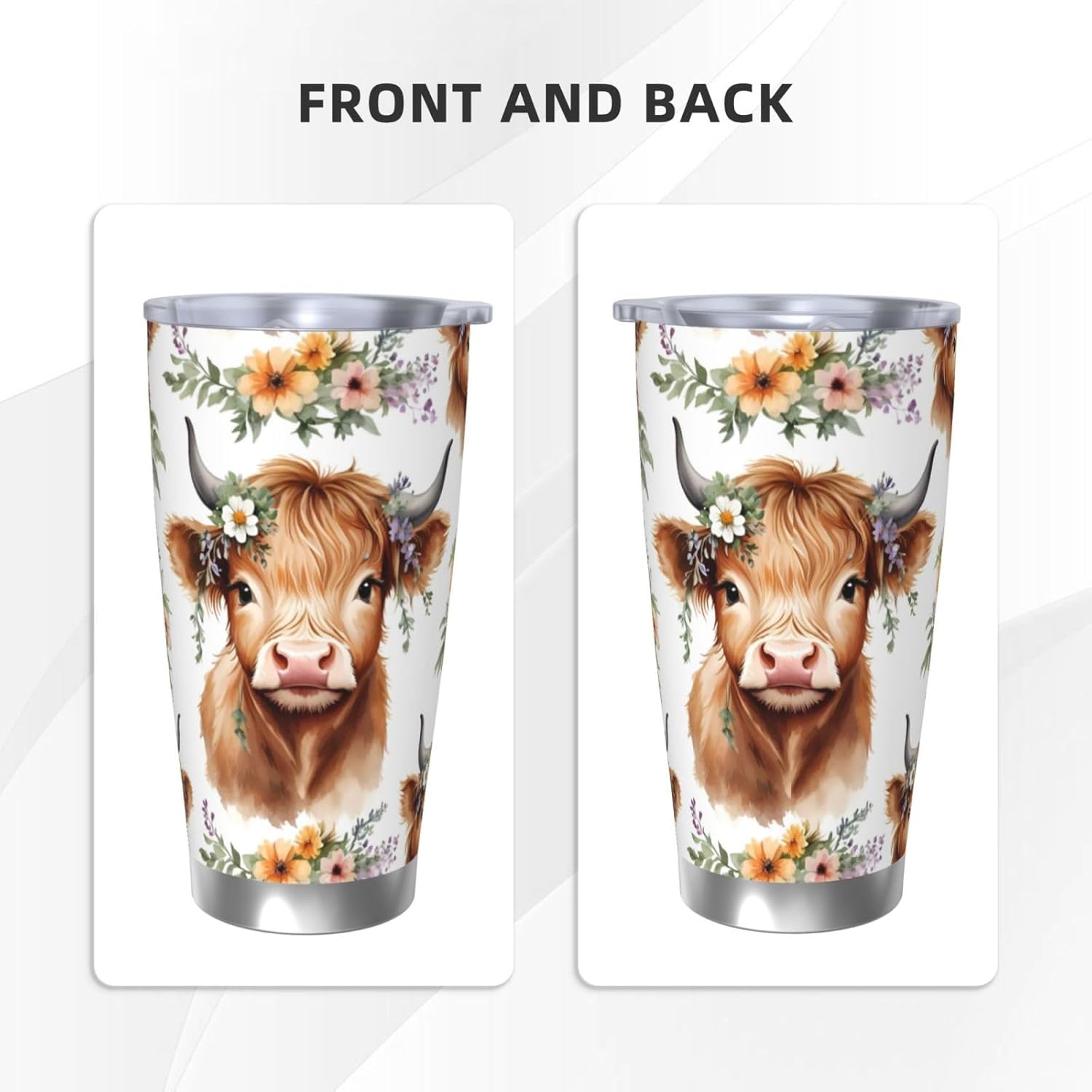 Ouqiuwa Highland Cow Tumbler Cow Flower Stainless Steel Insulated Tumblers With Lid And Straw 20oz Coffee Cup Travel Mug Mug Cup For Men Women - Image 2