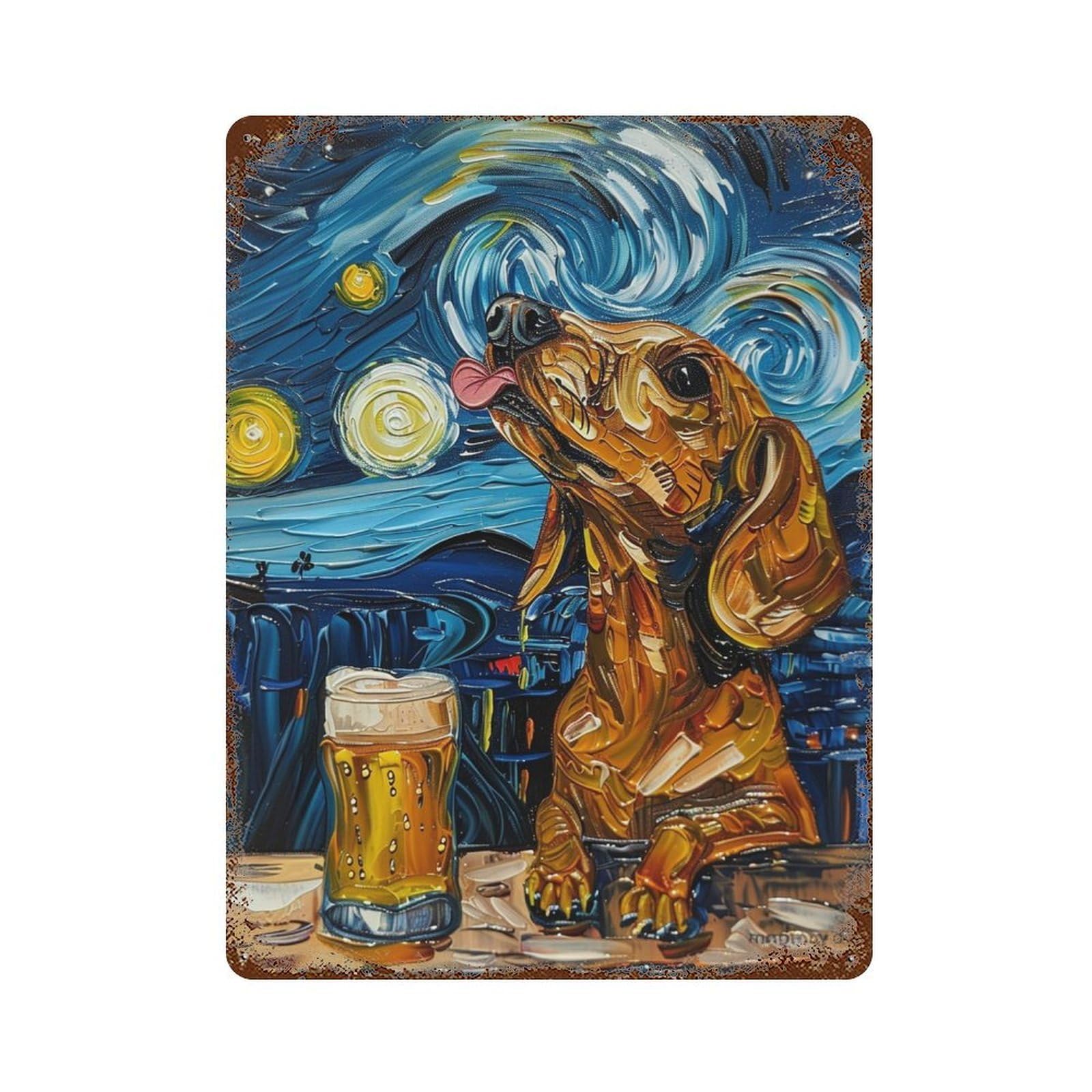 Dog Drinking Beer Art Print Rusty Metal Tin Sign 15.7"x11.8", Vintage Wall Decor for Garage, Pub Or Kitchen
