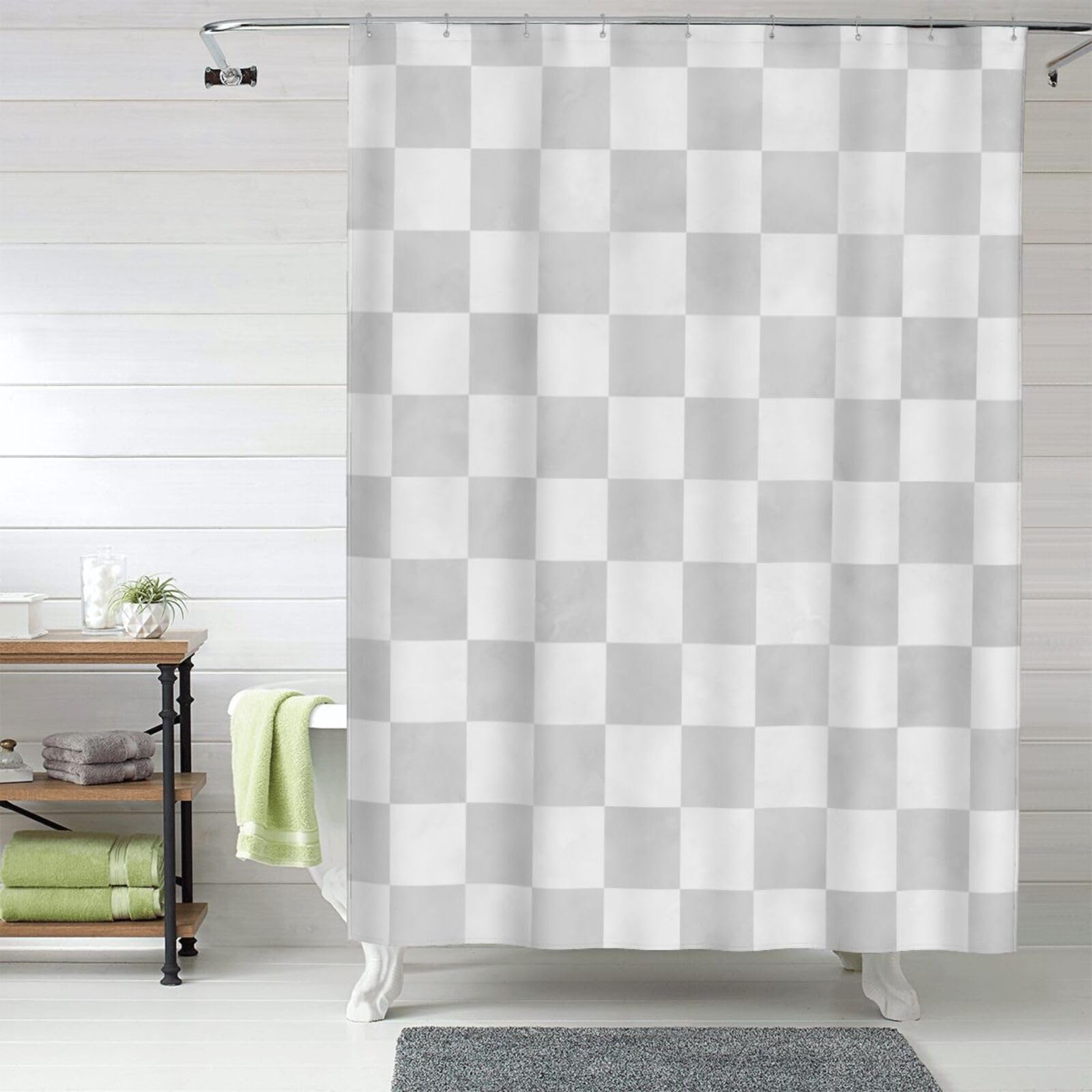 Rideau de douche gris 152x183 cm à carreaux en tissu occultant avec crochets pour salle de bain
