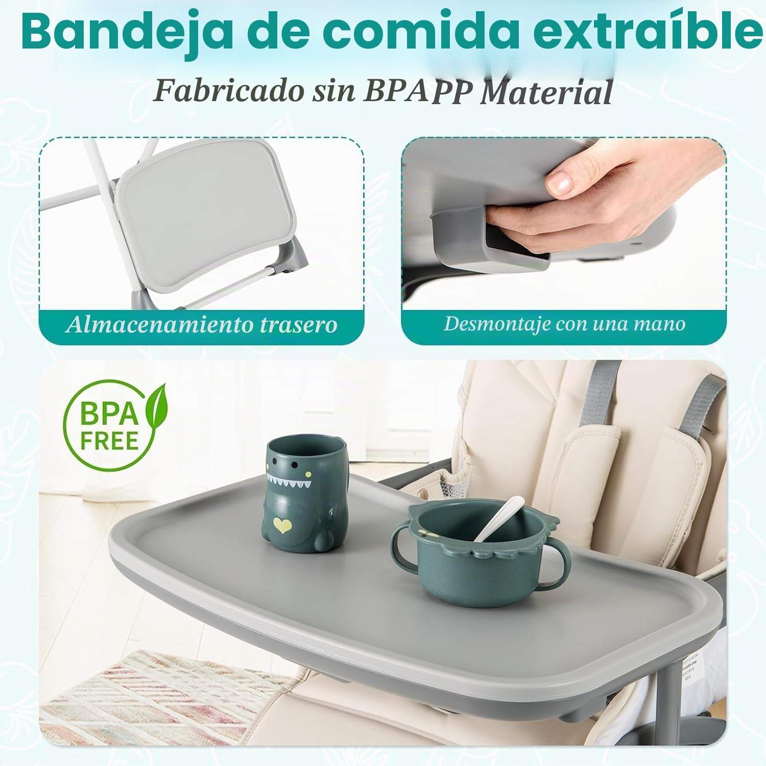 LIFEZEAL Trona Plegable para Bebé 6 a 36 Meses con Asiento Infantil Ajustable 5 Alturas 2 Posiciones de Reclinado Bandeja de 3 Niveles Portátil con 2 Ruedas Color Beige Gris (Beige)