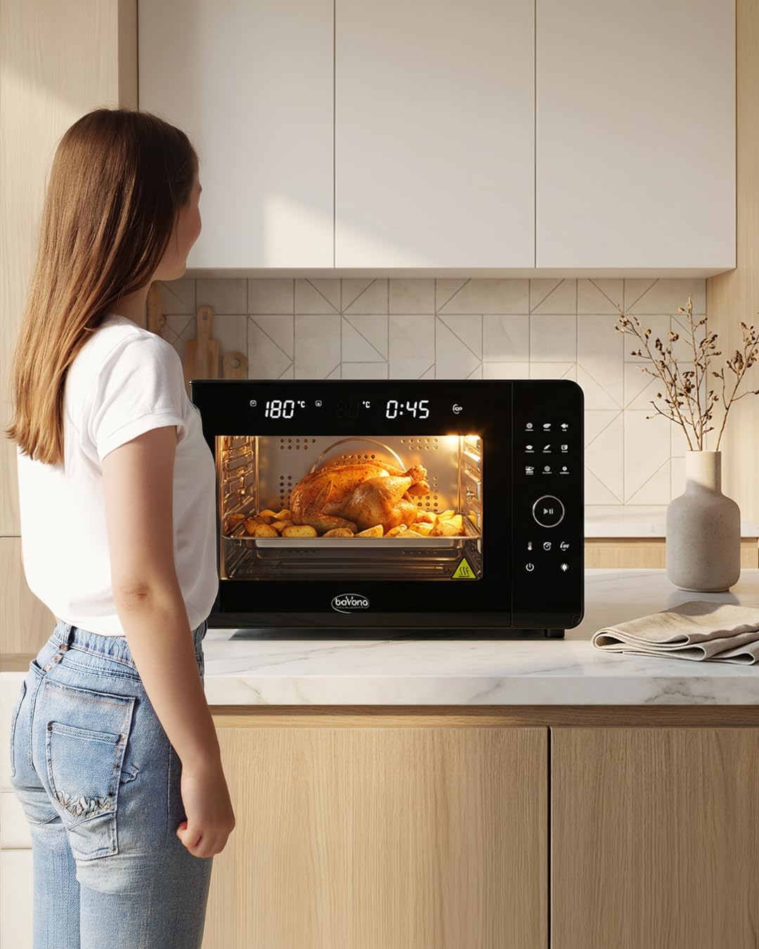 Forno Elettrico Multifunzione 22L 1900W, Tecnologia Riscaldamento 3D, Display LED Touch, 5 Livelli Verticali, Temperatura 40-220°C, Girarrosto Incluso, Nero