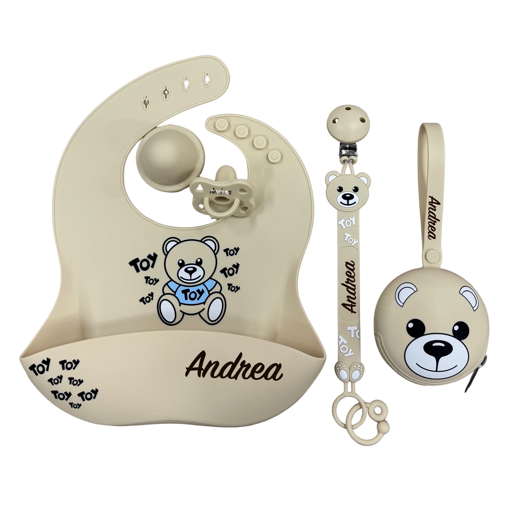 NOVITÁ Fettuccia IN SILICONE, per ciuccio personalizzata con nome, orsetto, BABYJART, lavabile,sicura per il bambino,compatibile con ciuccio MAM e CHICCO AZIENDA ITALIANA, MADE IN ITALY! Orso Beige