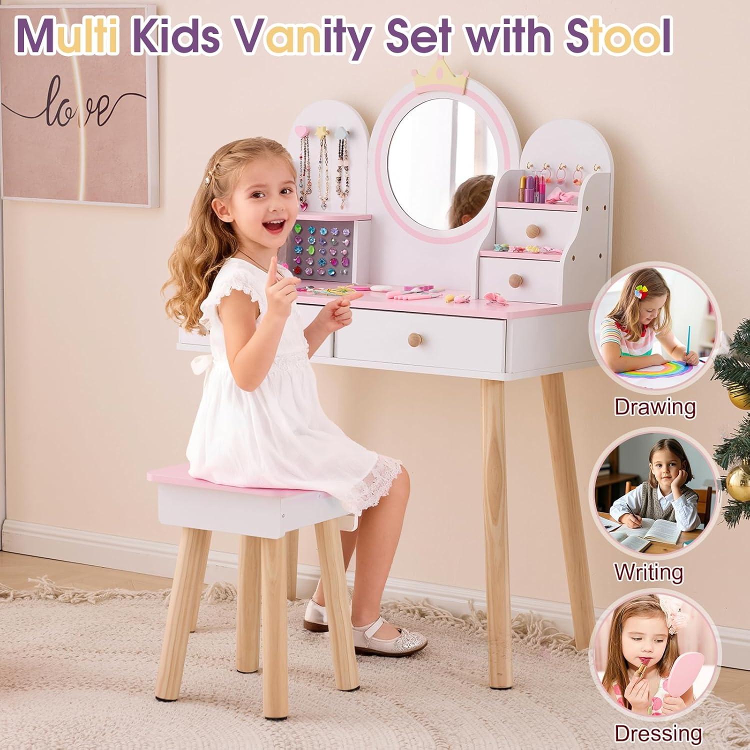 Kids Vanity Set with Jewelry Organizer for Princess, Girls Vanity Table and Chair Set with Drawers & Necklace Hooks, Toddler Makeup Dressing Table with Open Shelves, White