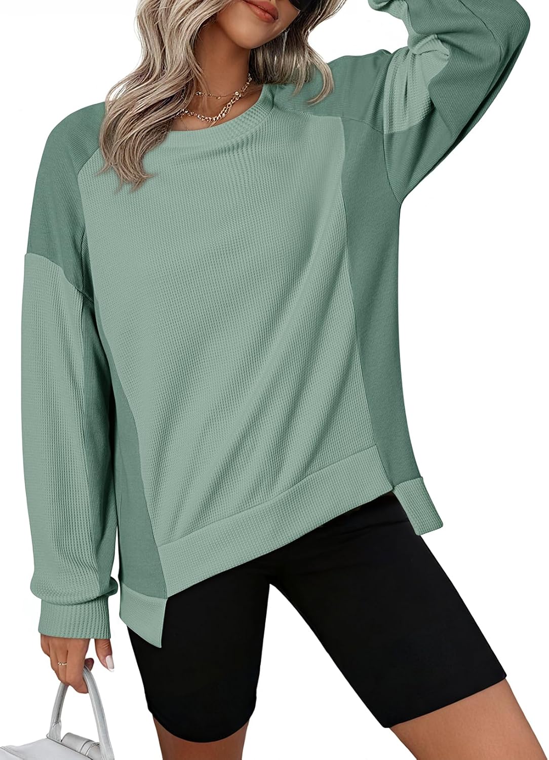 Dokotoo Oversized Sweatshirt for Women Waffle Knit Color Block Crewneck Long Sleeve Casual High Low Pullover Sweatshirts Tops - Image 6