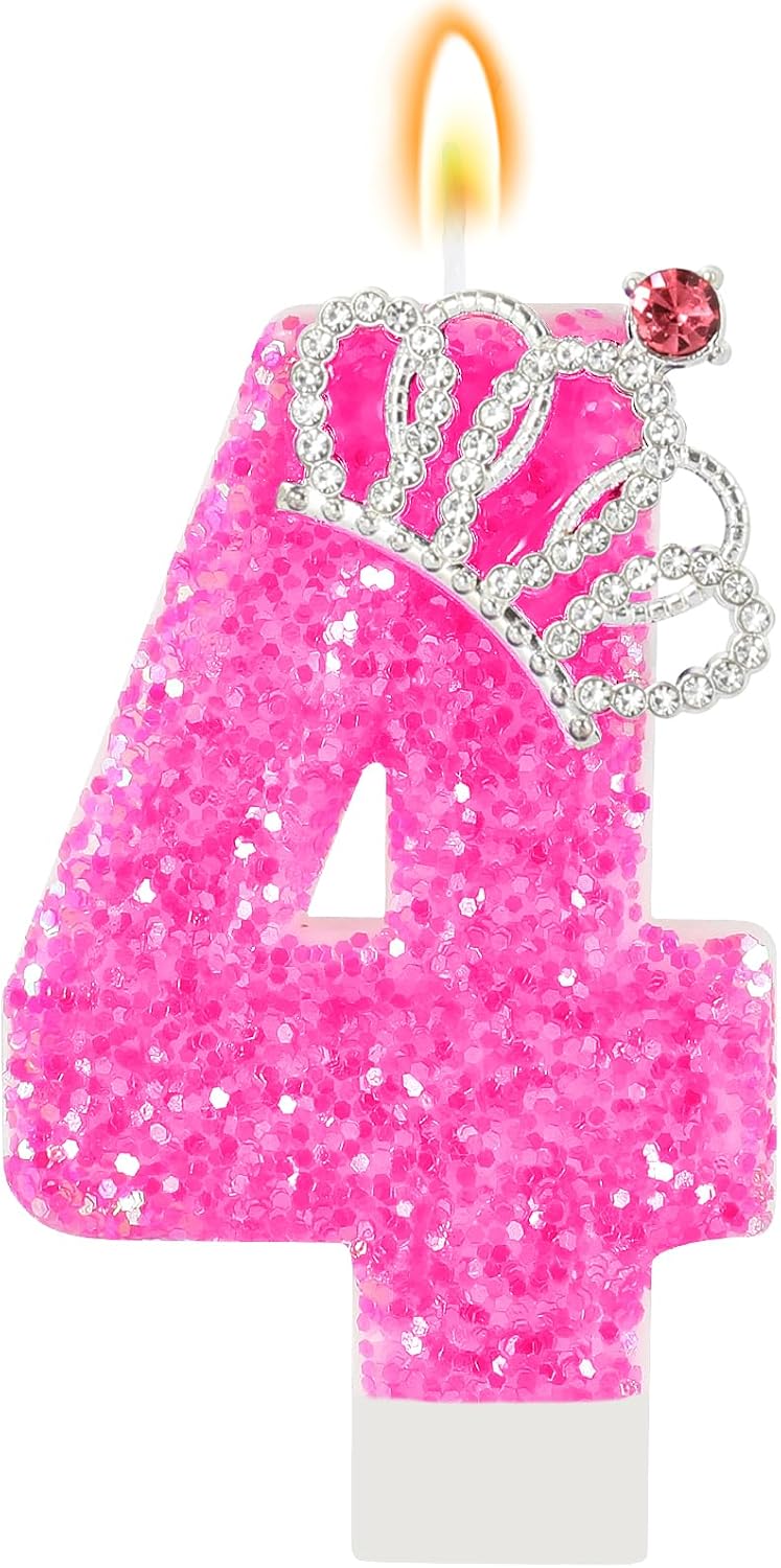 Hot Pink Birthday Candle Crown Number 4 Candle 4th Birthday Cake Topper Cupcake Decor Princess Themed Party Decorations for Girls and Women Anniversary Celebrations Supplies Favors