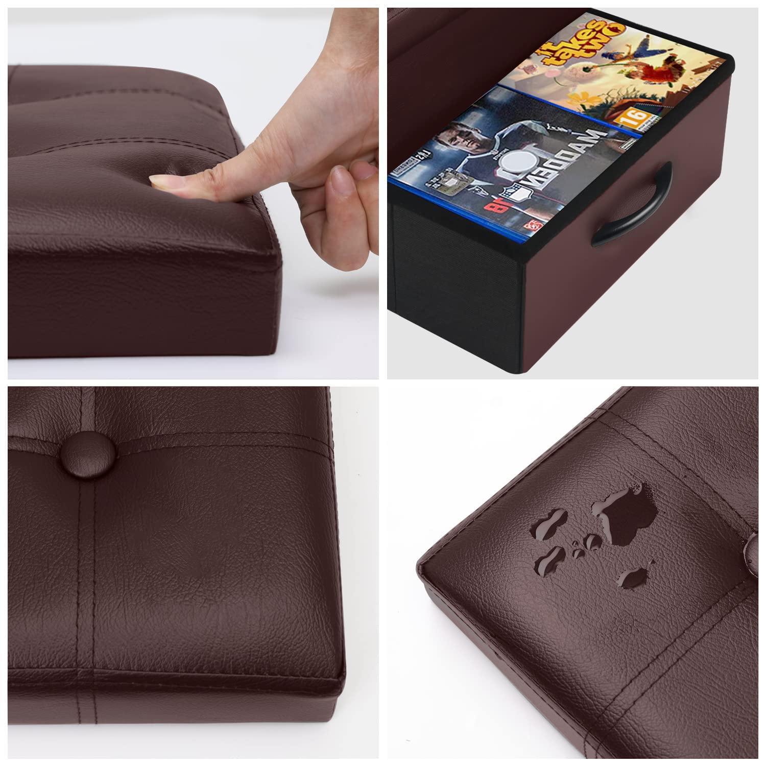 AmasSmile® Storage Ottoman with Drawers Foot Rest Stool, 16 inch Leather Folding Footstool Bench, Short Ottoman Bench, Storage Foot Rest Store, Books, Toys,Records Support 220 lbs, Brown