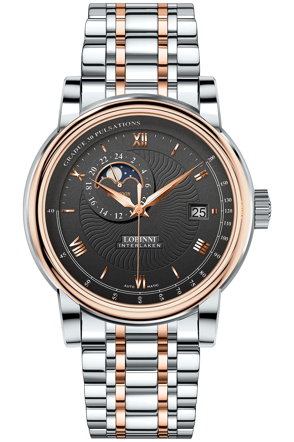 LOBINNI Herren-Armbanduhr mit Mondphase, Edelstahl, automatisch, mechanisch, analog, Business, Freizeit, Mode, Luxus, Kalenderuhr