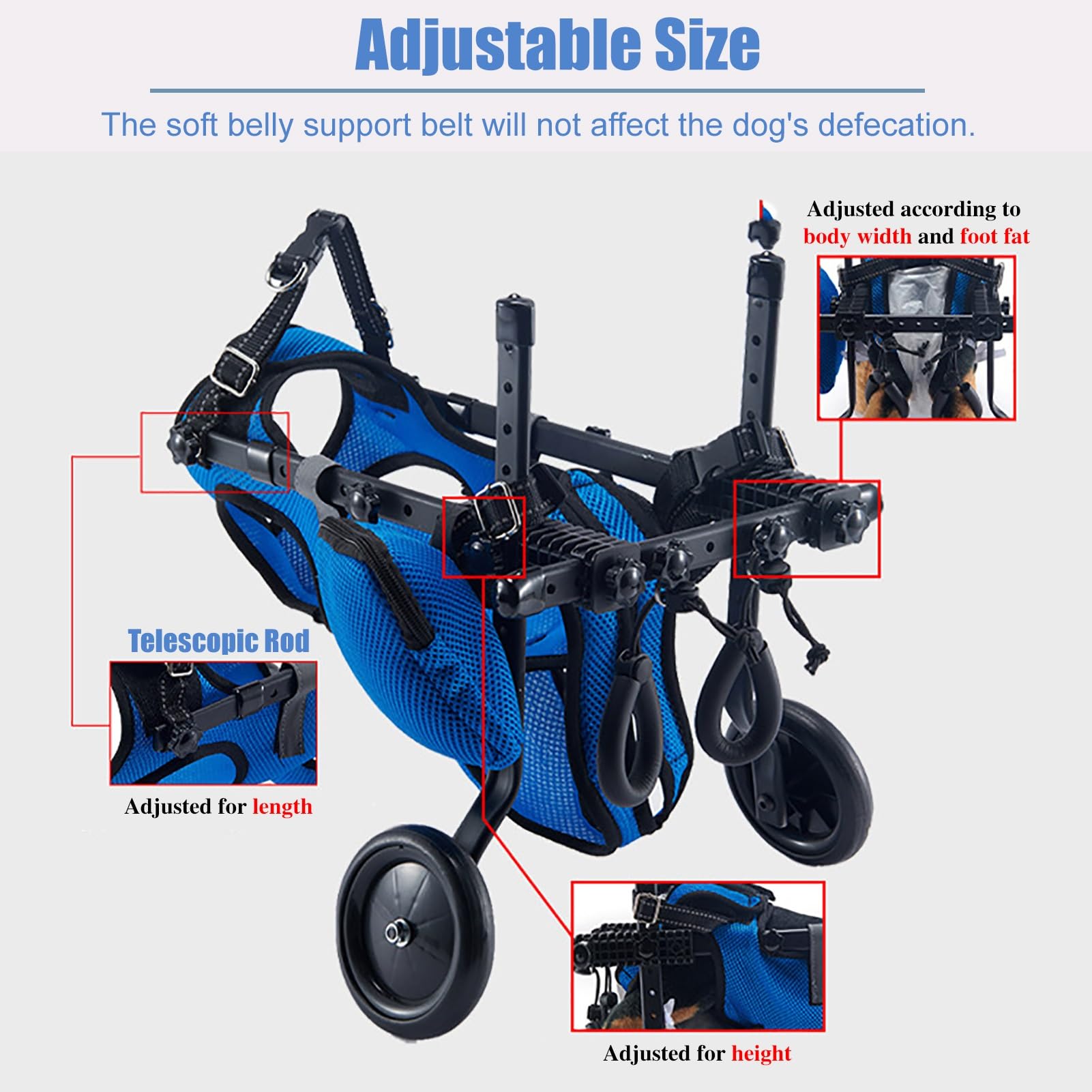 Silla de ruedas para perros para displasia de cadera, ayuda de movilidad ajustable todo terreno con función de defecación y bolsa de almacenamiento