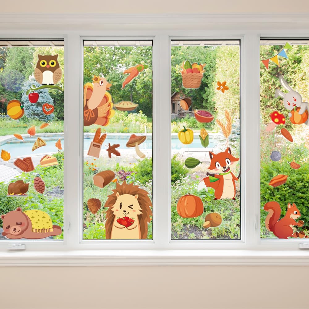Herbst Fensteraufkleber Selbstklebend - Thanksgiving Deko Mit Elfen & Kürbissen, Rückstandslos Entfernbar