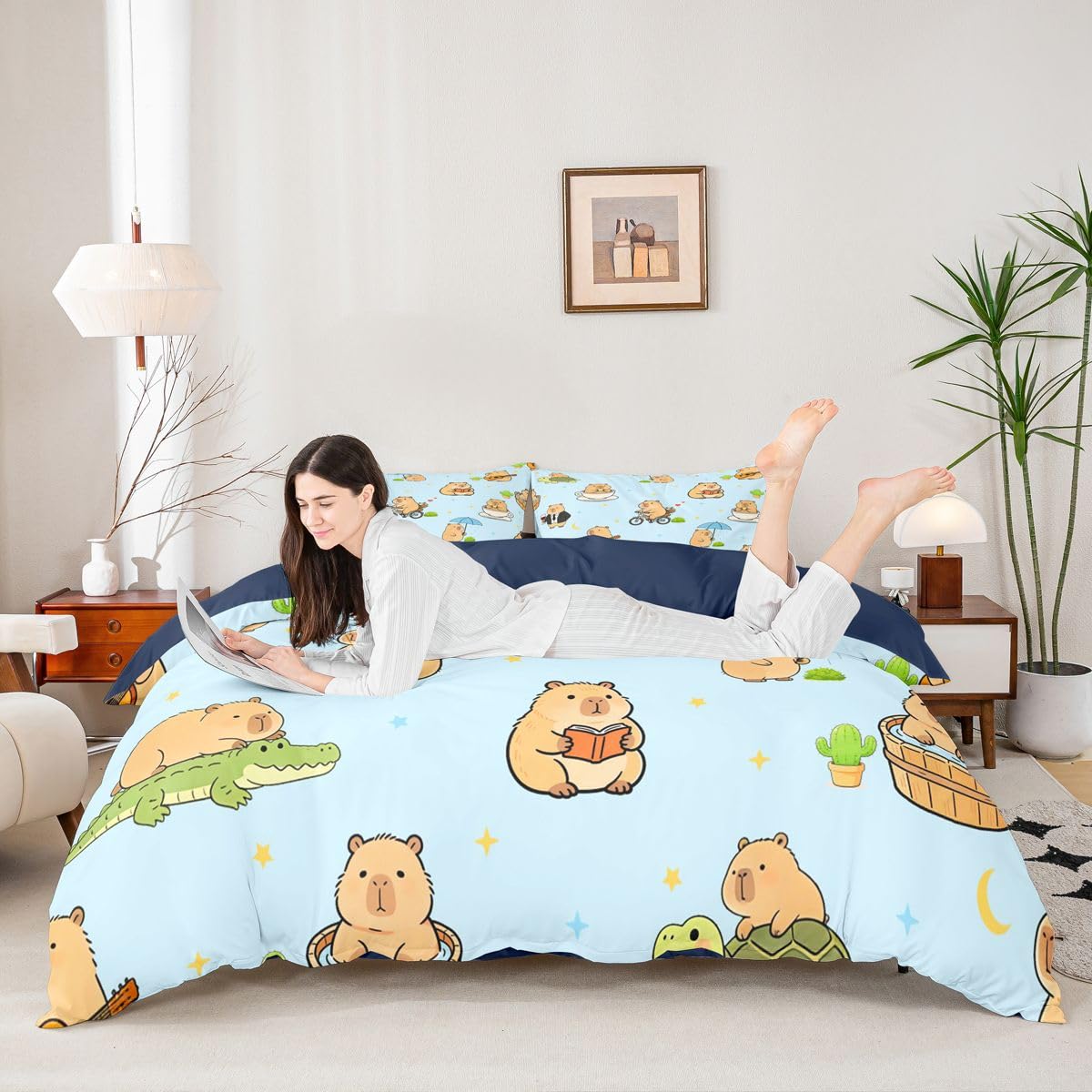 Homewish Set di biancheria da letto con copripiumino per bambini e ragazzi, motivo con stelle e simpatici porcellini d'India, per amanti dei Capybara