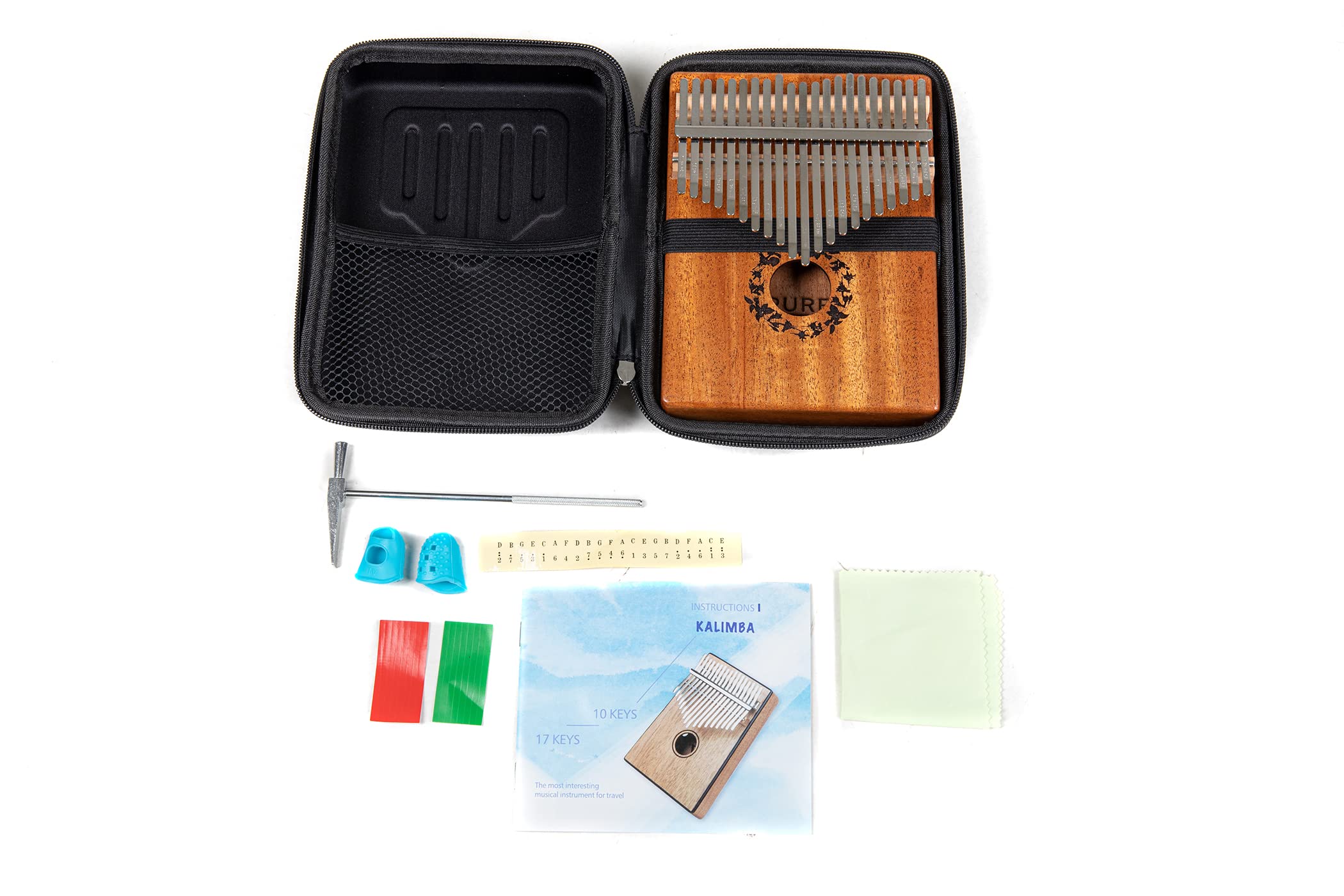 GEWA Kalimba piano à pouces acajou, motifs d'anches, 21 anches en acier, accordable, sacoche, maillet inclus, mode d'emploi