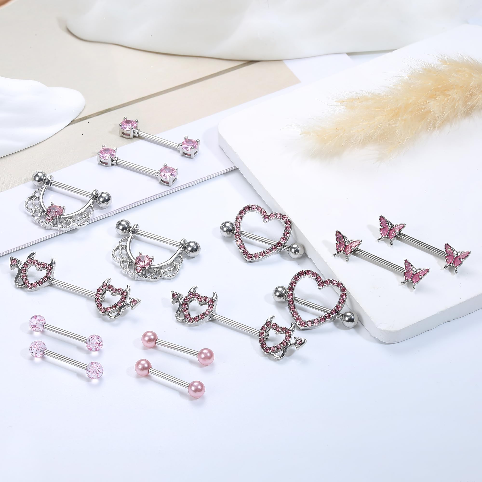 Fansilver 7 Pairs 14G Nipple Rings Surgical Steel Nipple Piercing CZ Heart Butterfly Barbell Tongue Rings Set Cute Nipple Tongue Piercing Jewelry for Women: A. Pink 14G Nipple Rings