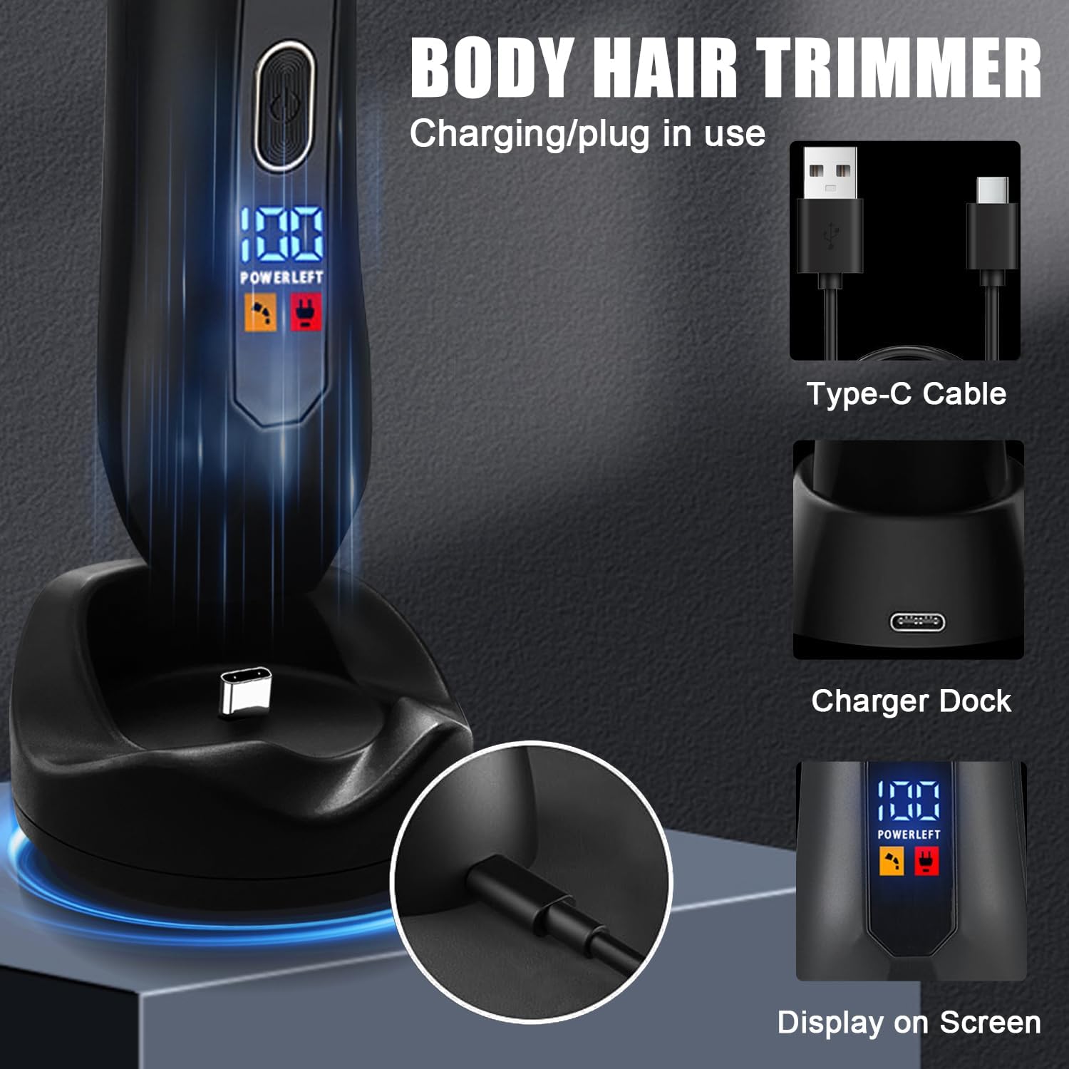 Men's Electric Body & Ball Hair Trimmer, 4-in-1 Ceramic Blade, Waterproof, Type C Charging, Black