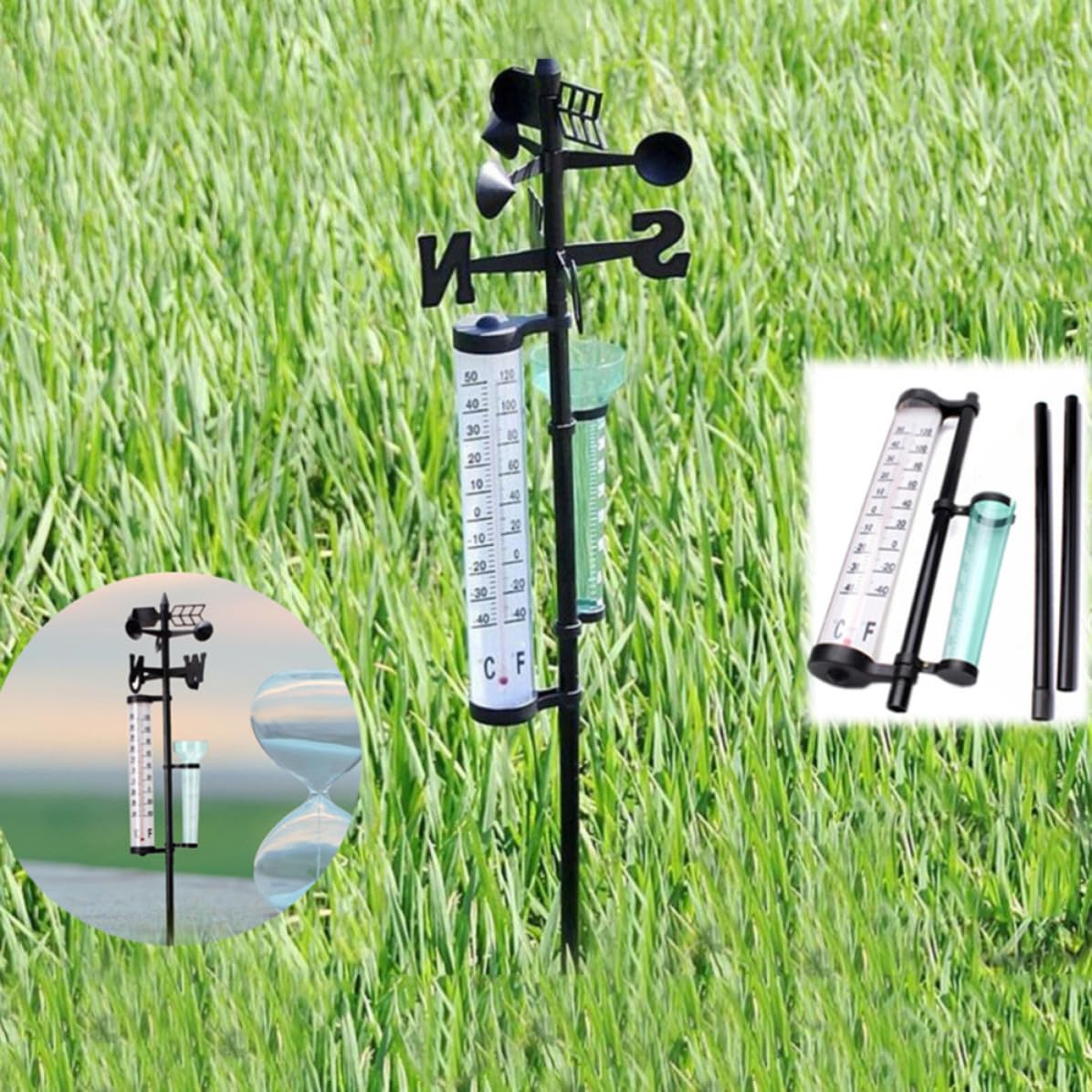 Alasum 2 Juegos Pluviómetro Termómetro Exterior Medidor de Lluvia, Instrumento Meteorológico para Exteriores de Plástico, Decoración de Jardín y Cultivo Agrícola