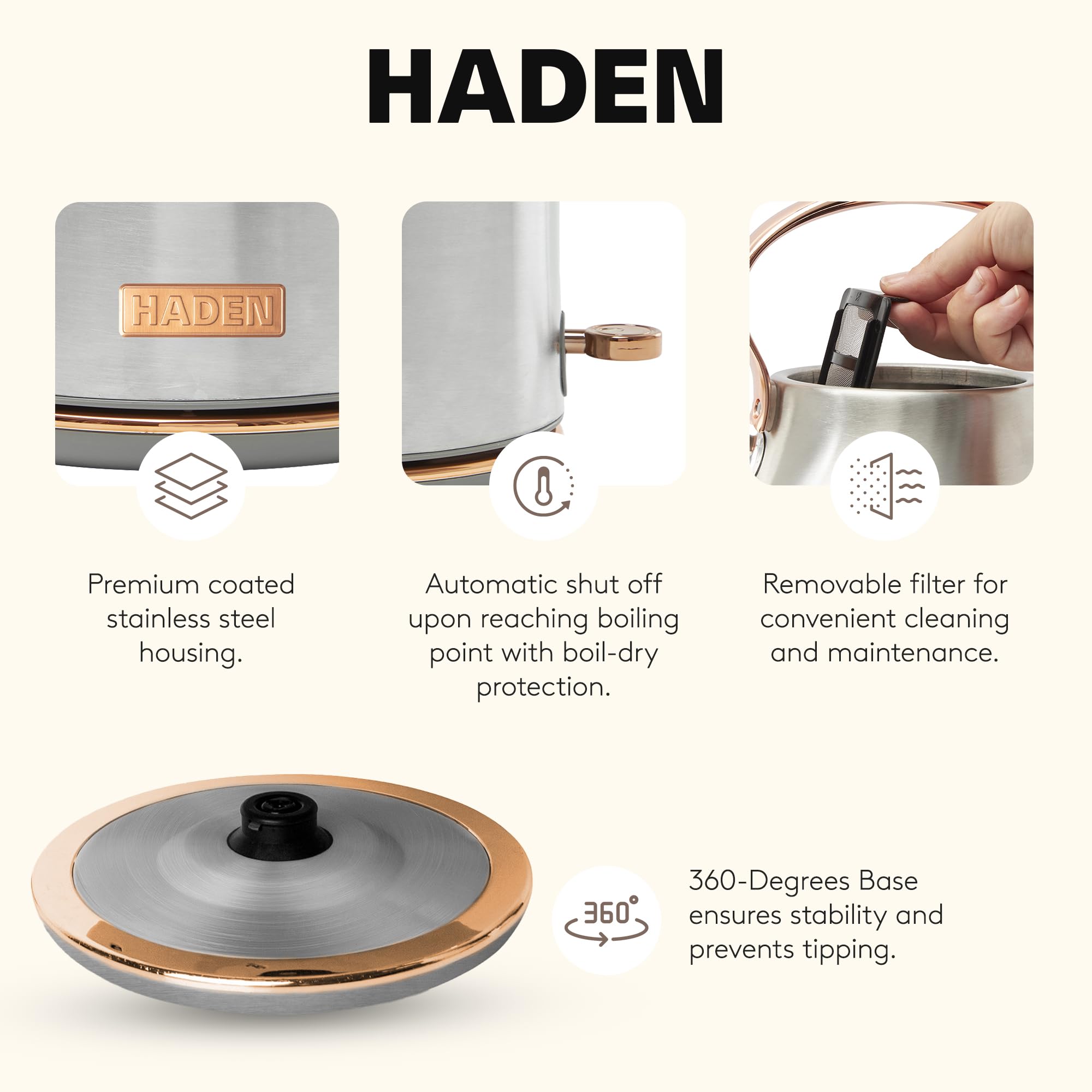 Haden Heritage 1.7 Liter Stainless Steel Electric Kettle, Hot Water Kettle with 360-Degree Base and Auto Shutoff, Steel & Copper