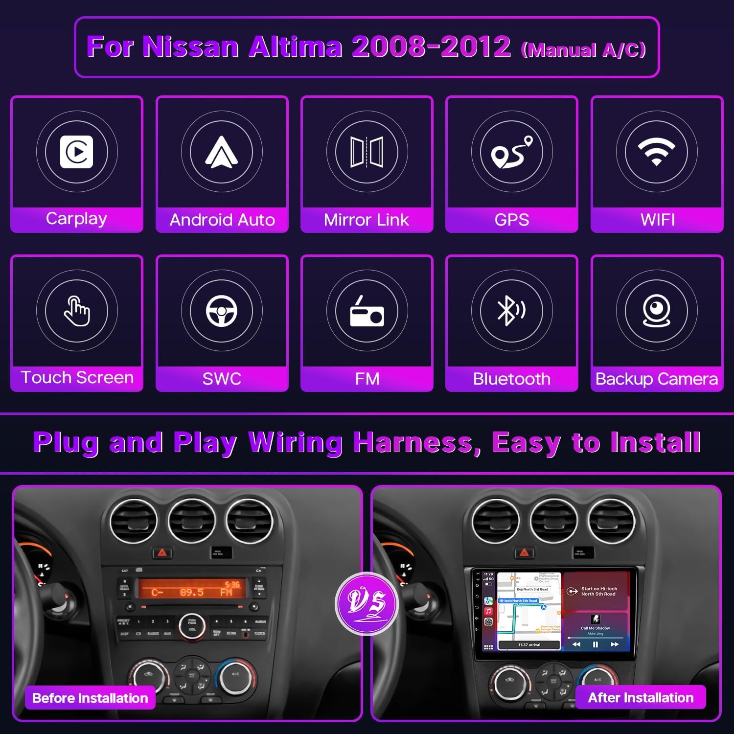 Comparison image showing a Nissan Altima dashboard before and after the installation of the Leadfan car stereo.